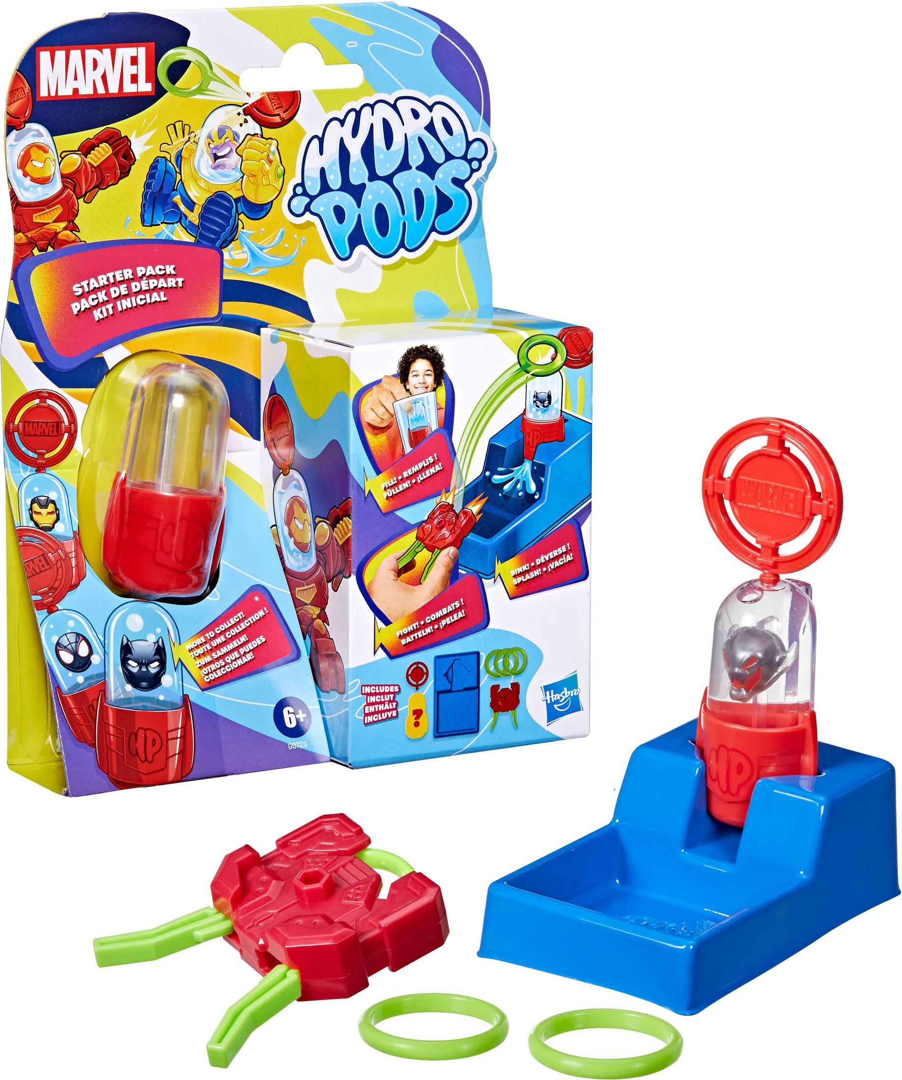 Marvel Hydro Pods Spielset. Das Set enthält einen Werfer und Kapseln auf weißem Hintergrund.
