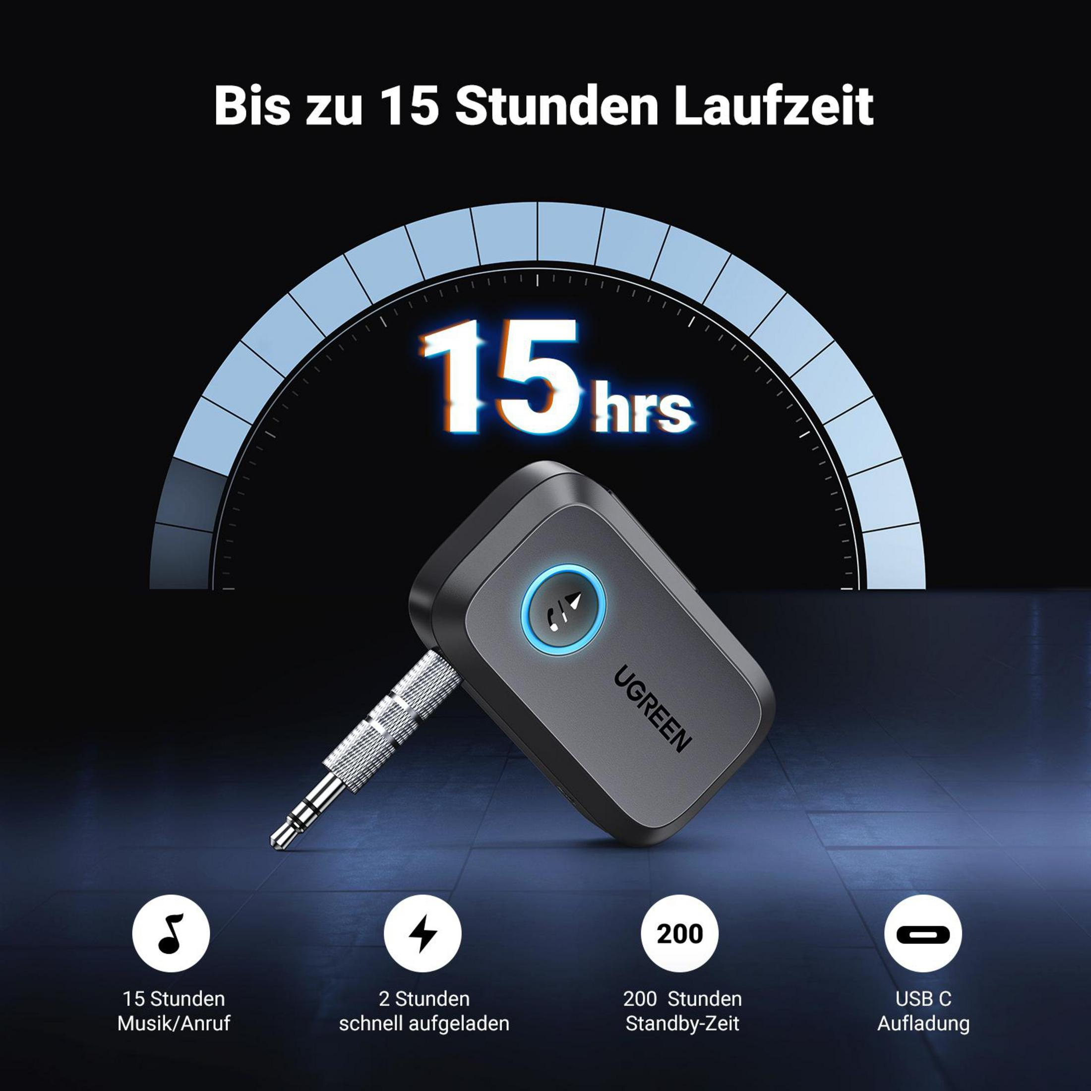 Ein Bluetooth-Gerät mit Klinke, mit blauem Licht und dem Text '15 Std.'.