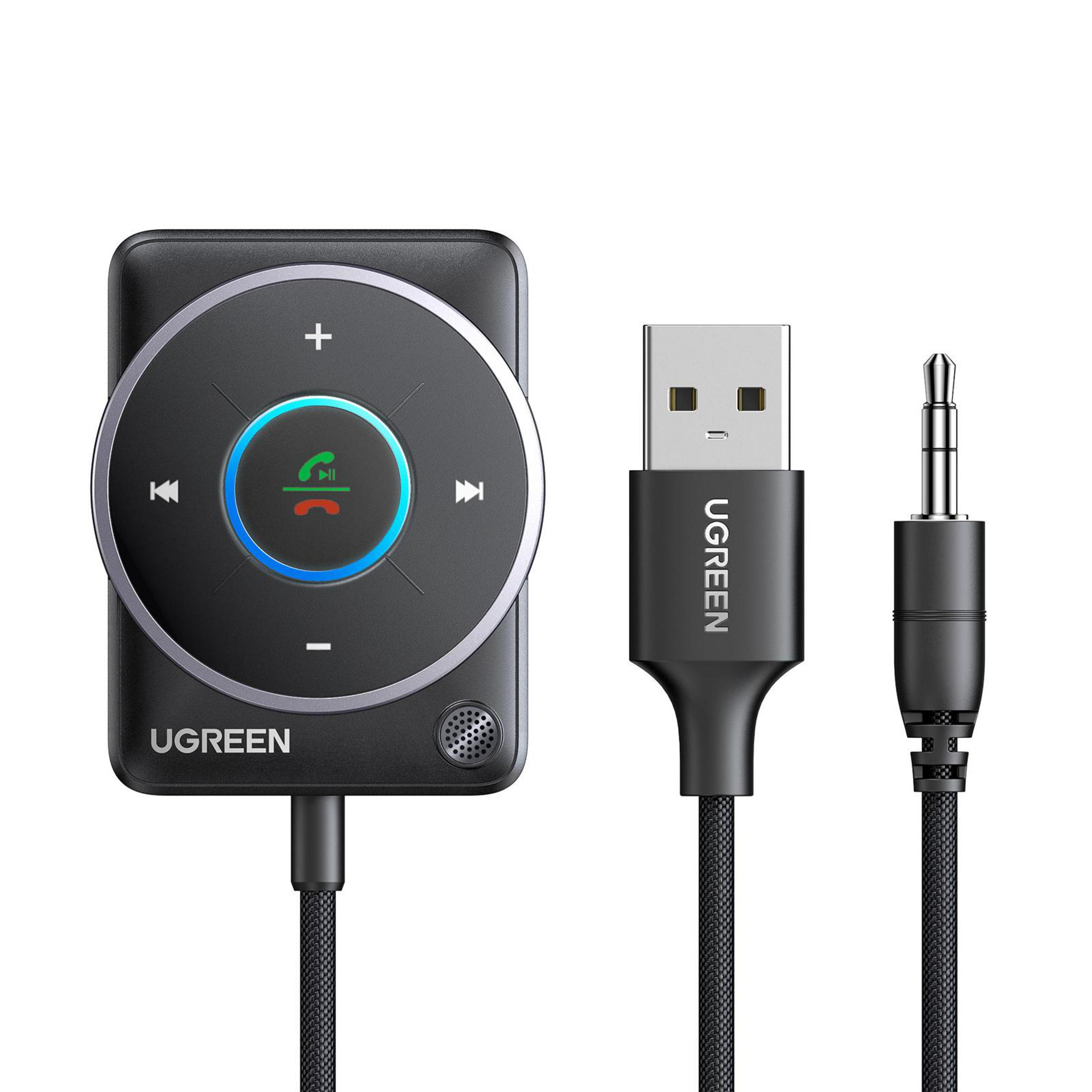 Czarny zestaw samochodowy Bluetooth UGREEN z przyciskami sterowania, kablem USB i gniazdem audio 3,5 mm.