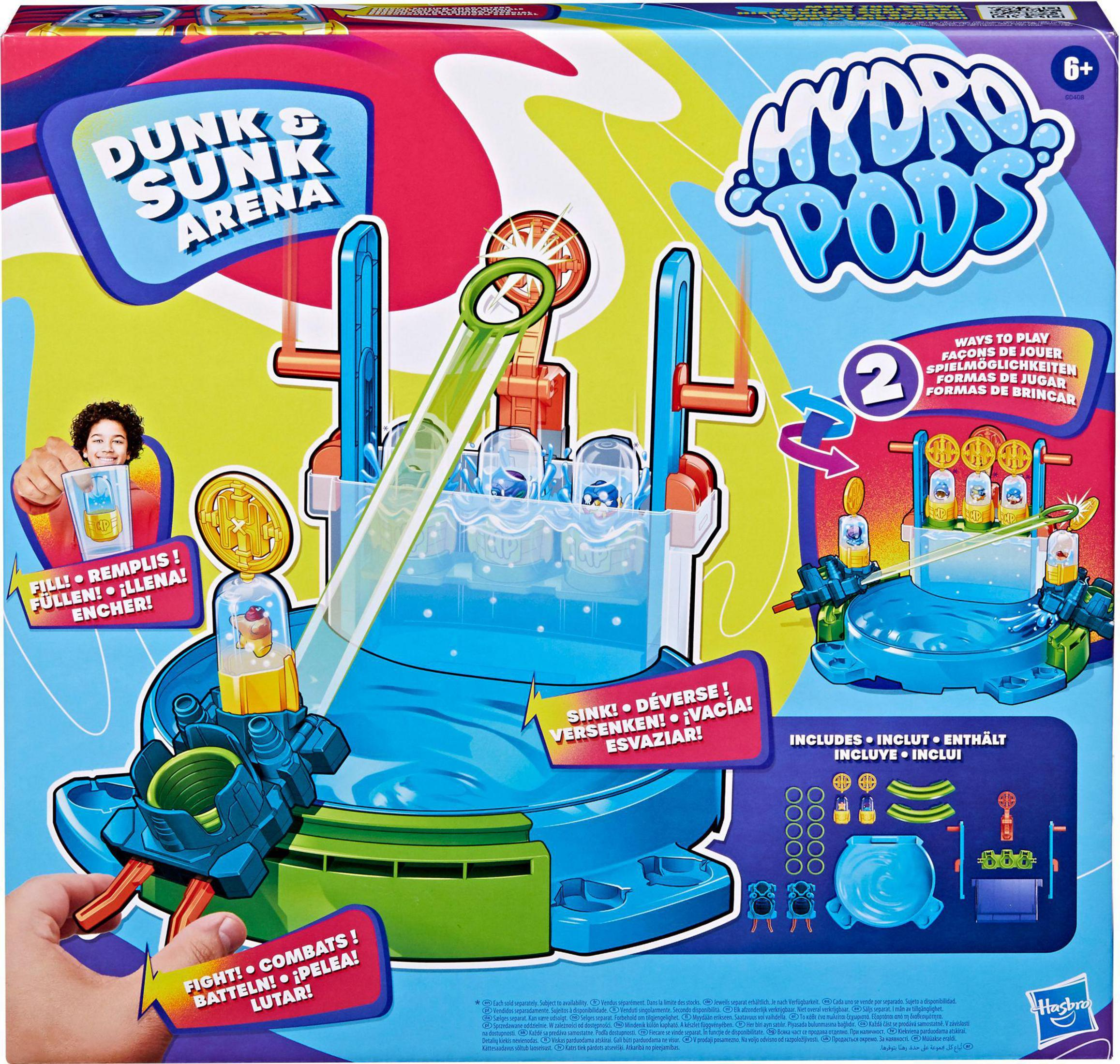 Karton der Hydro Pods Dunk & Sink Arena Spielzeug mit bunten Wasser-Spiel-Funktionen.