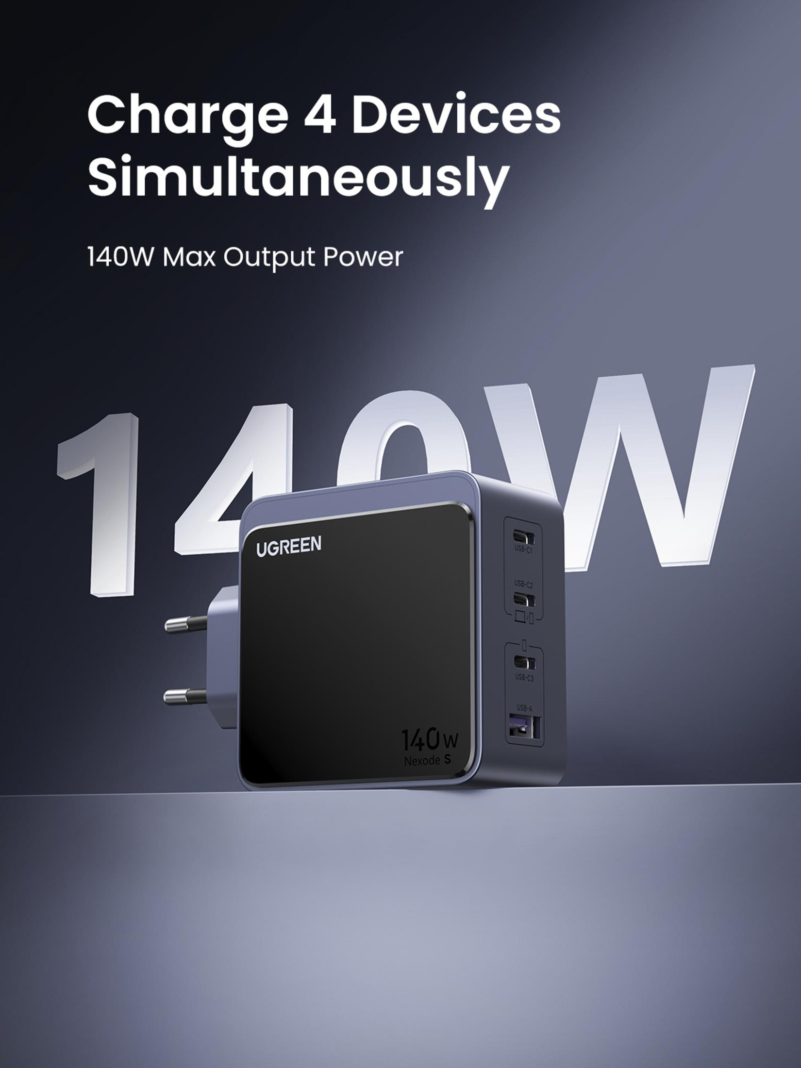 Un chargeur UGREEN avec quatre ports USB, avec du texte sur le chargement simultané de plusieurs appareils.