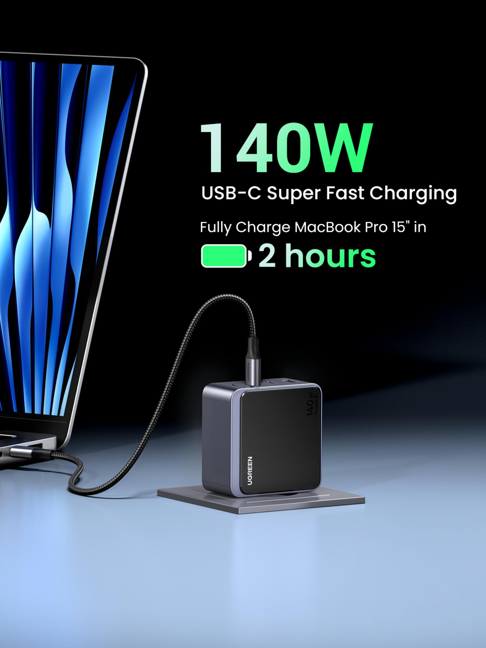 Chargeur noir avec câble chargeant un ordinateur portable. Texte : 140W, USB-C Super Fast Charging et Charge complète MacBook Pro 15" en 2 heures.