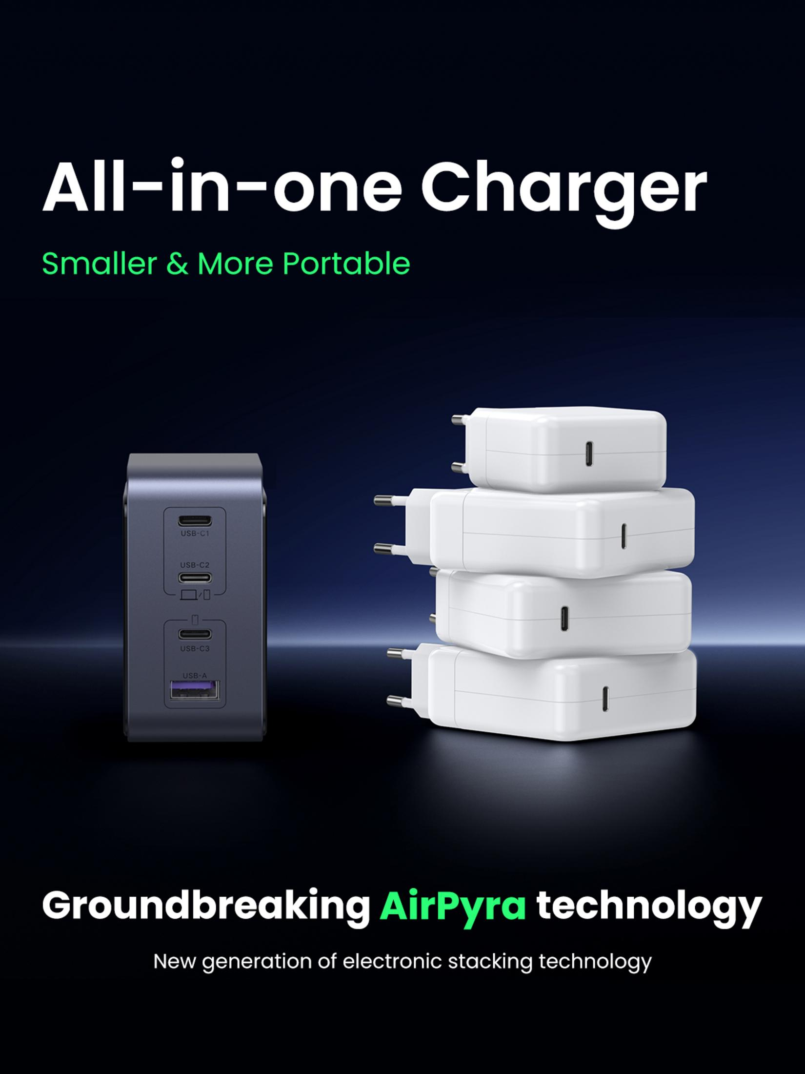 L'image montre plusieurs chargeurs blancs et un chargeur noir. Texte : All-in-one Charger, Smaller & More Portable, et Groundbreaking AirPyra technology.
