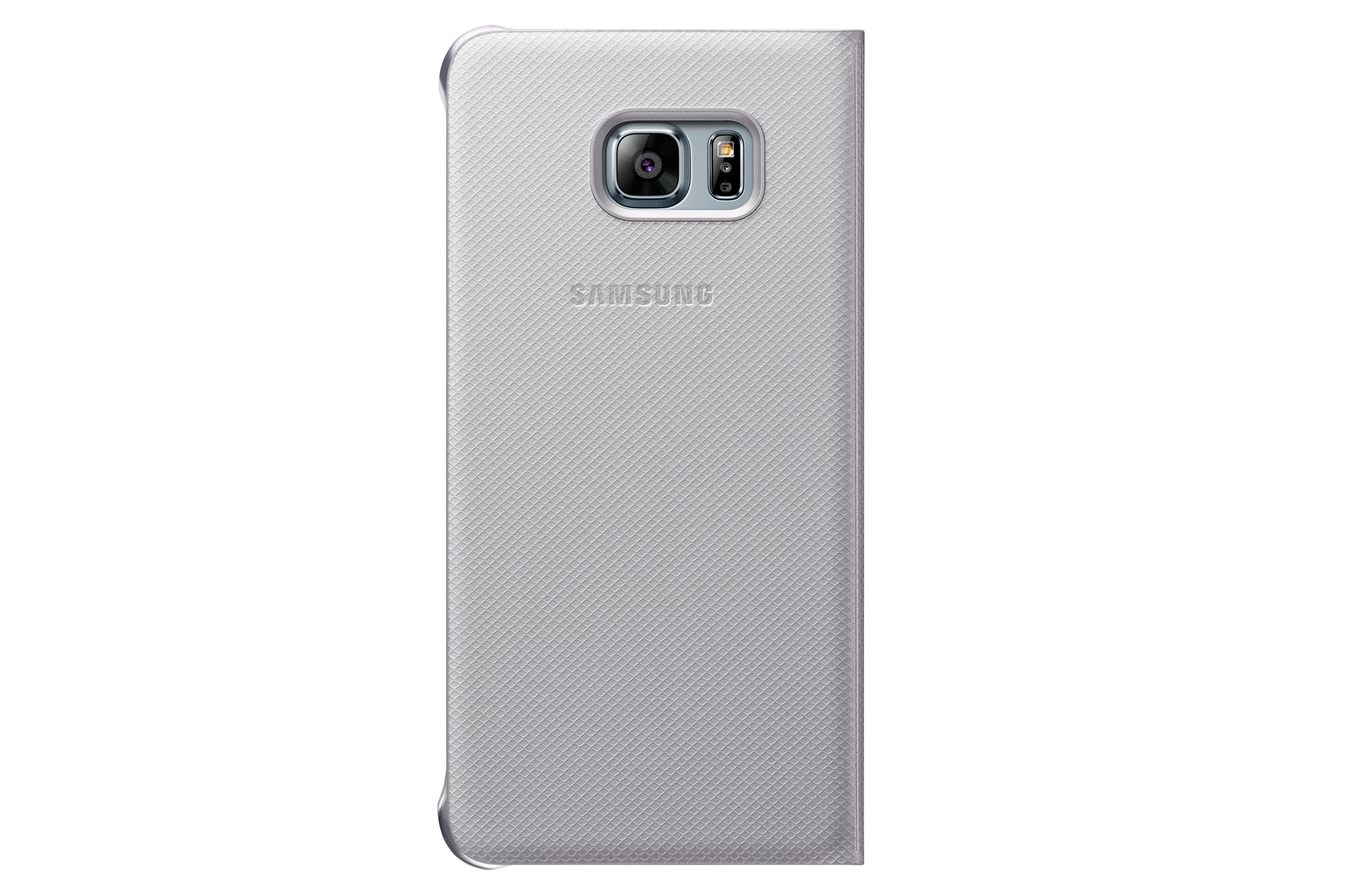 Graue Handyhülle, geschlossen, mit Telefon im Inneren. Samsung-Logo auf der Rückseite.