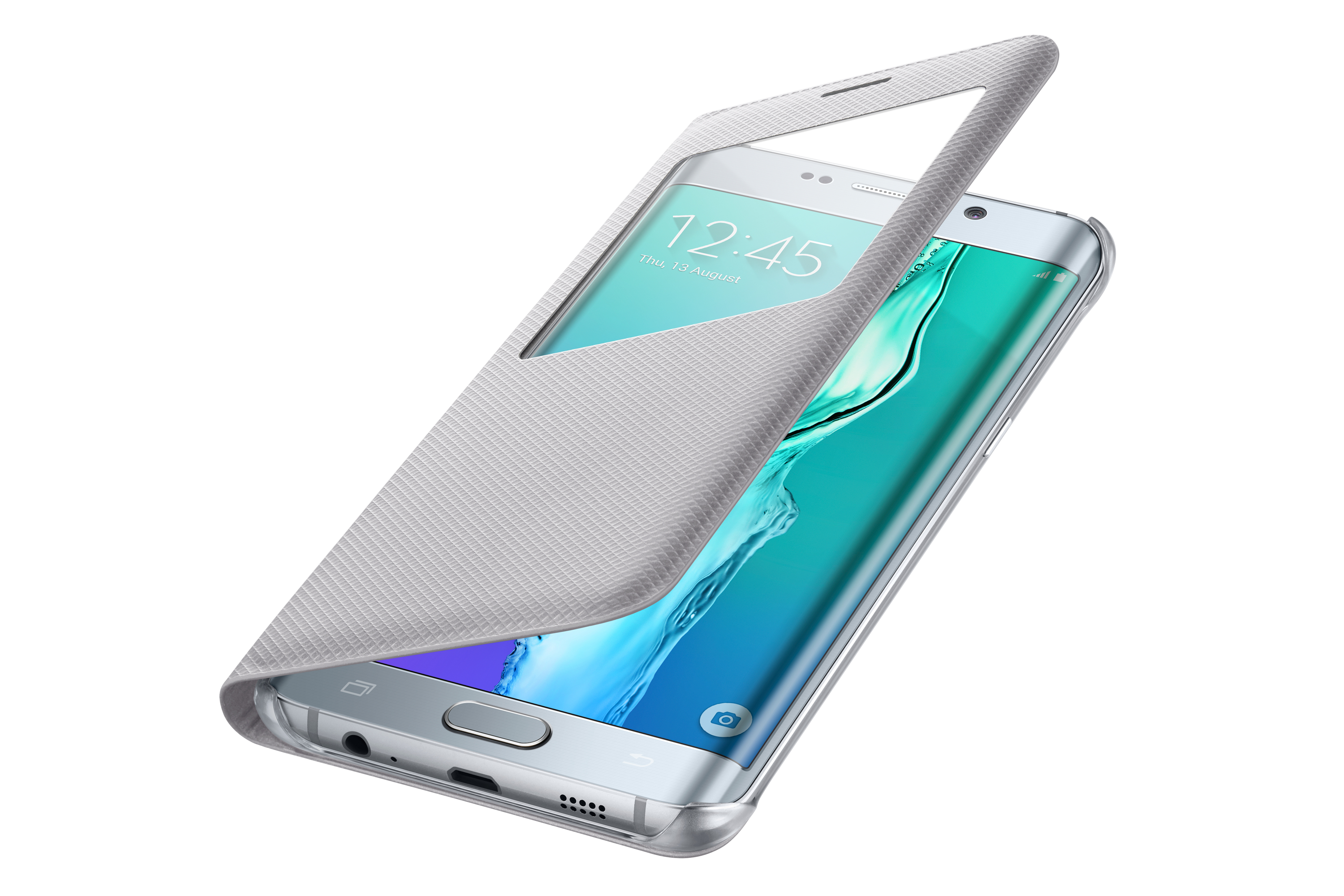 Telefon mit grauem Gehäuse, teilweise geöffnet, zeigt den Bildschirm. Weißer Hintergrund.