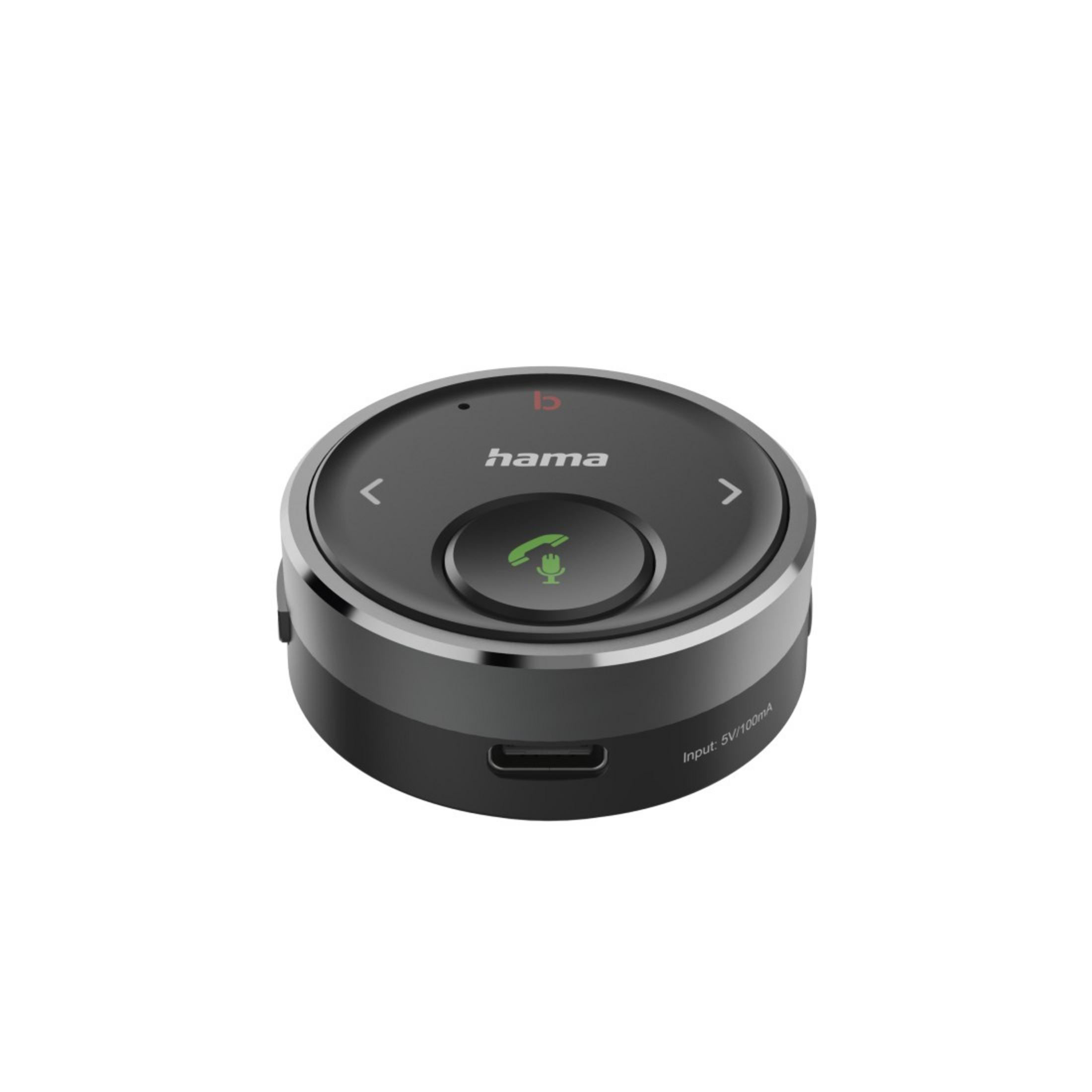 Schwarzes und graues Bluetooth-Autokit mit großem Mittelknopf und Seitentasten, auf Weiß.