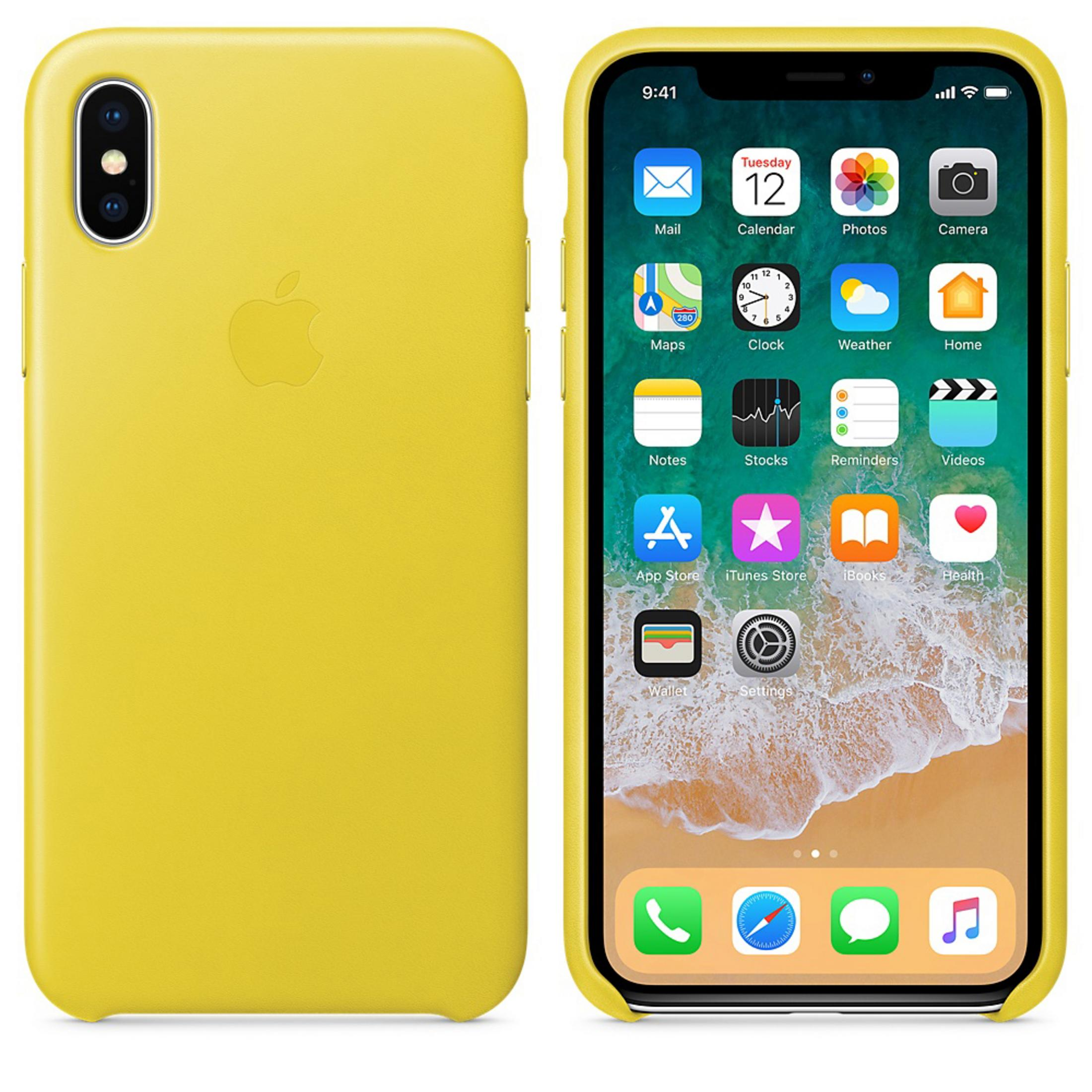 Gelbe iPhone X Hülle mit Apps auf dem Display. Das Apple-Logo ist auf der Rückseite. Das Telefon ist an.