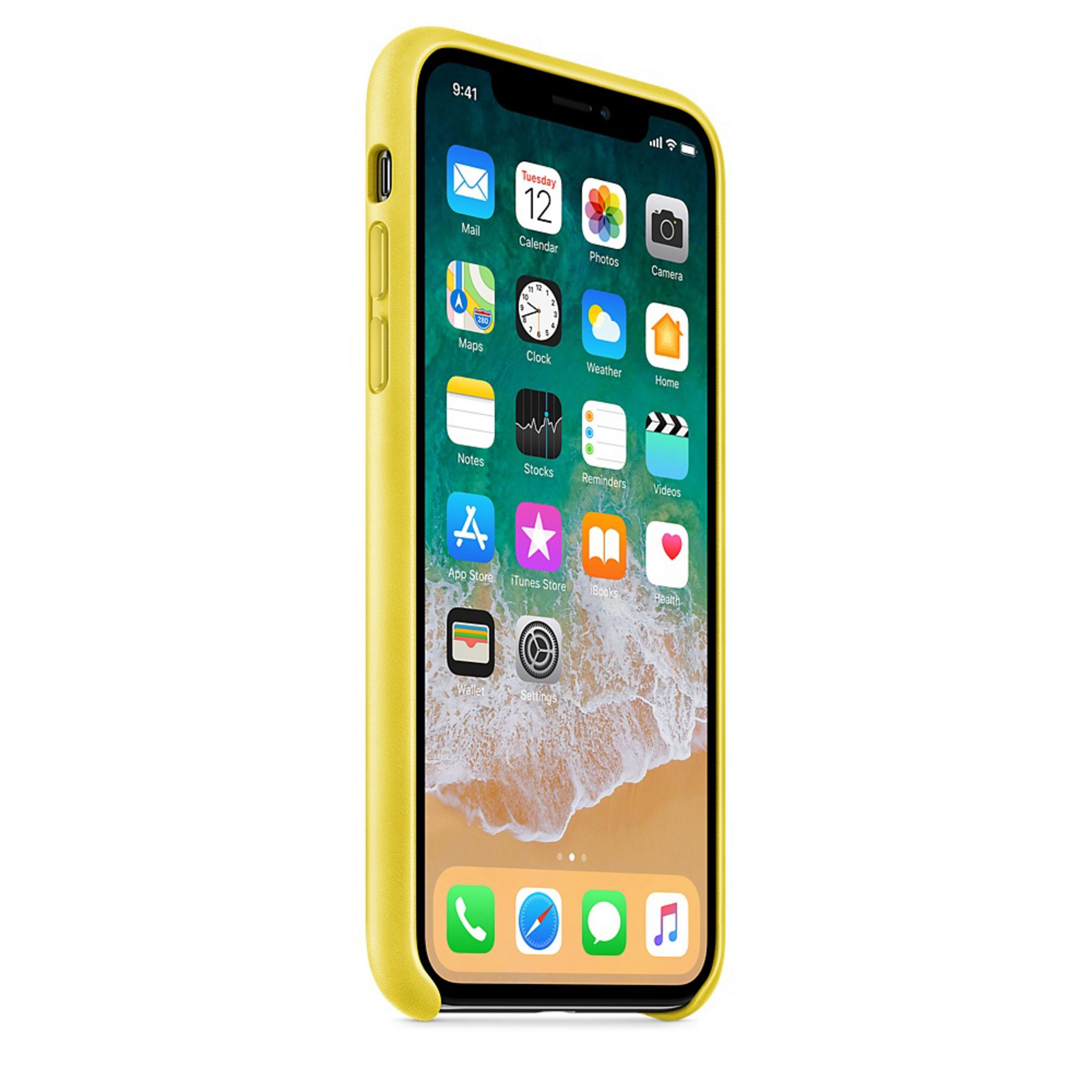 Gelbes iPhone X mit Apps auf dem Display. Das Telefon ist in einer gelben Hülle. Der Bildschirm zeigt Zeit und Apps.