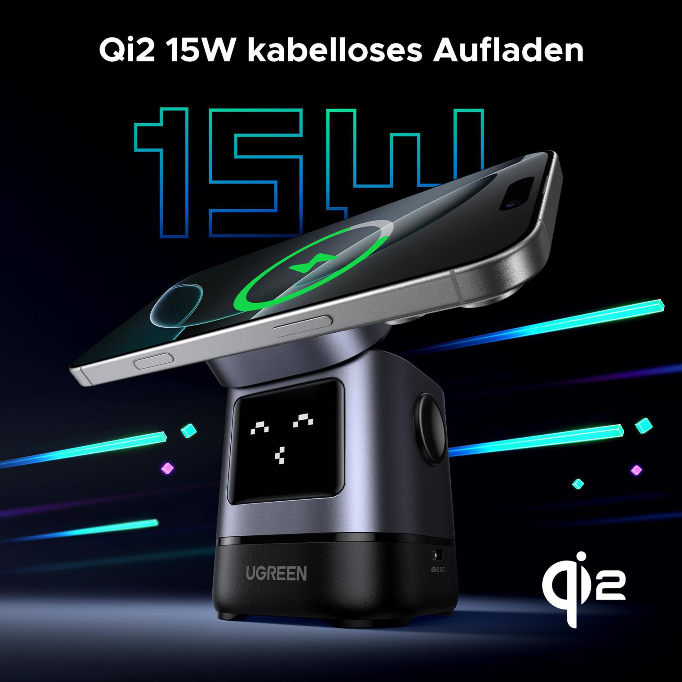 Szary stojak ładujący z telefonem ładującym się bezprzewodowo, na czarnym tle.