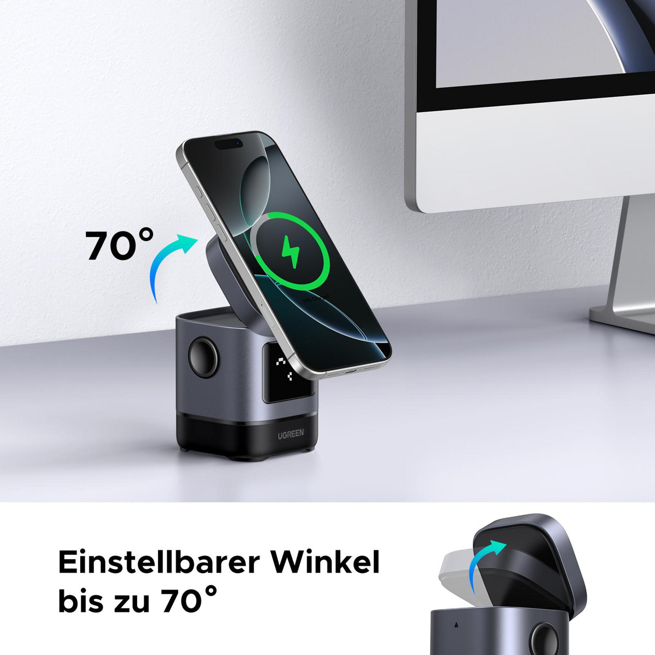 Stojak ładujący z telefonem ładującym się bezprzewodowo, na biurku, szara podstawa.