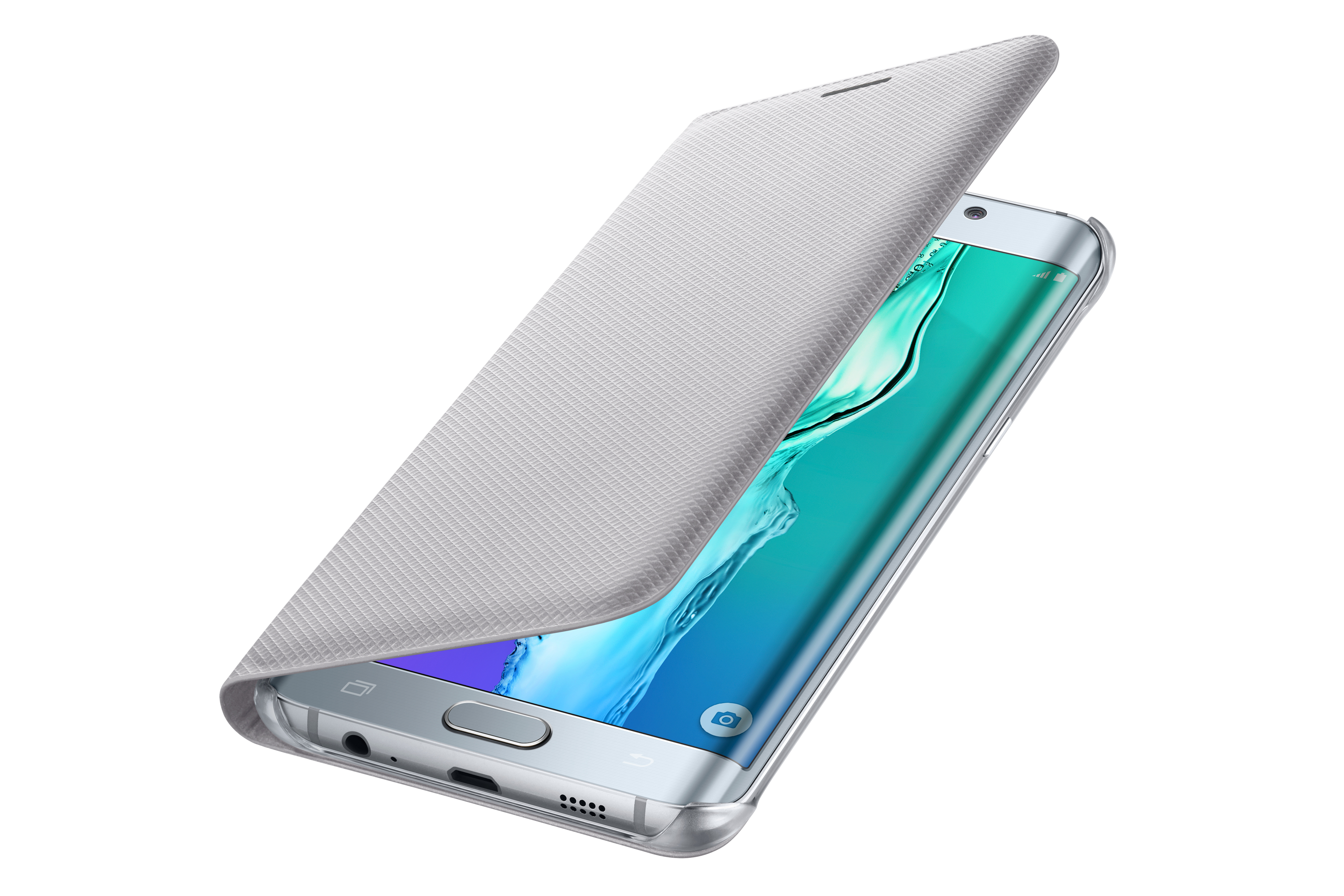 Teilweise geöffnete silberne Handyhülle, die ein Telefon mit blauem Bildschirm freigibt.