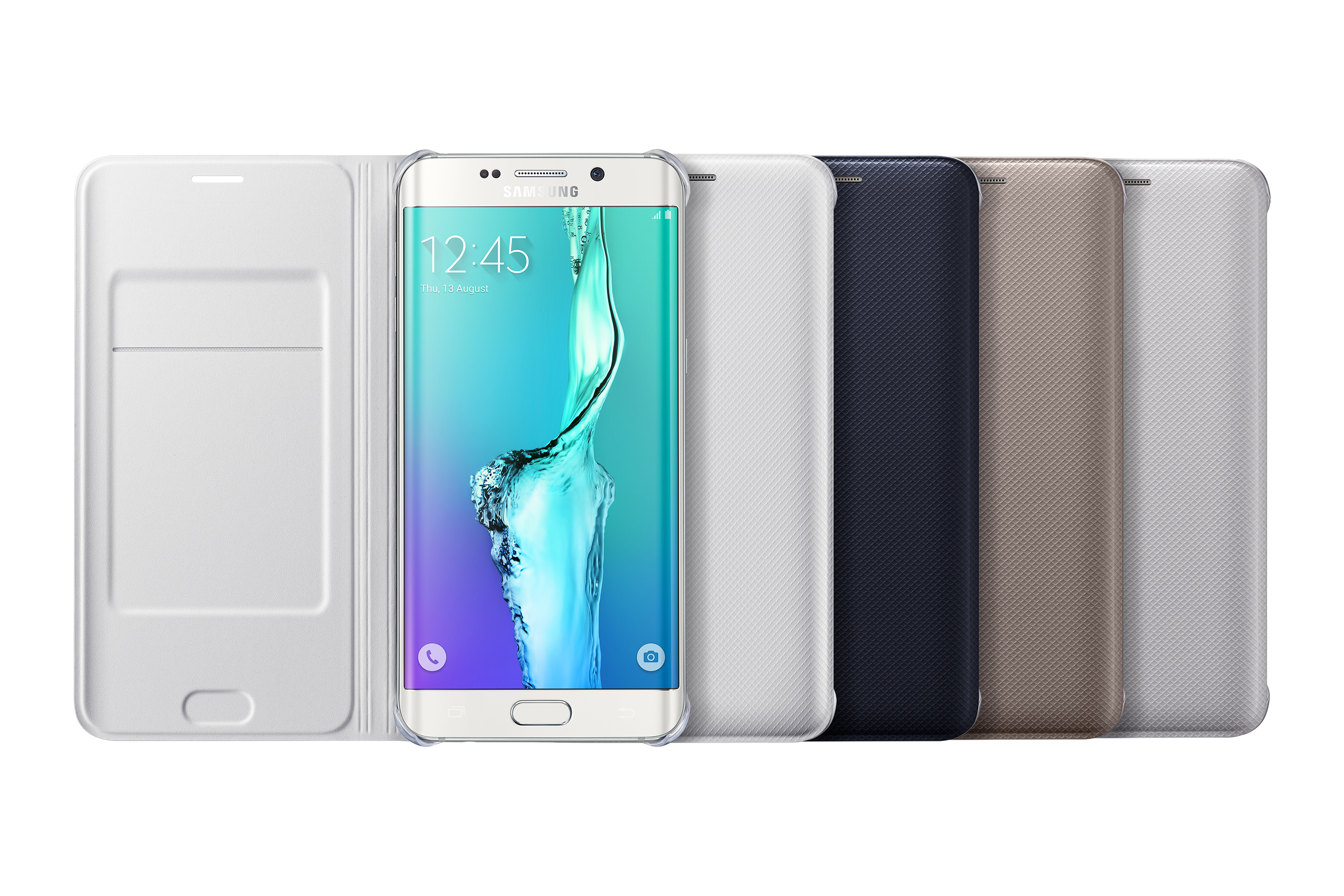 Fünf Telefone mit Hüllen in verschiedenen Farben, darunter Weiß, Blau und Gold.