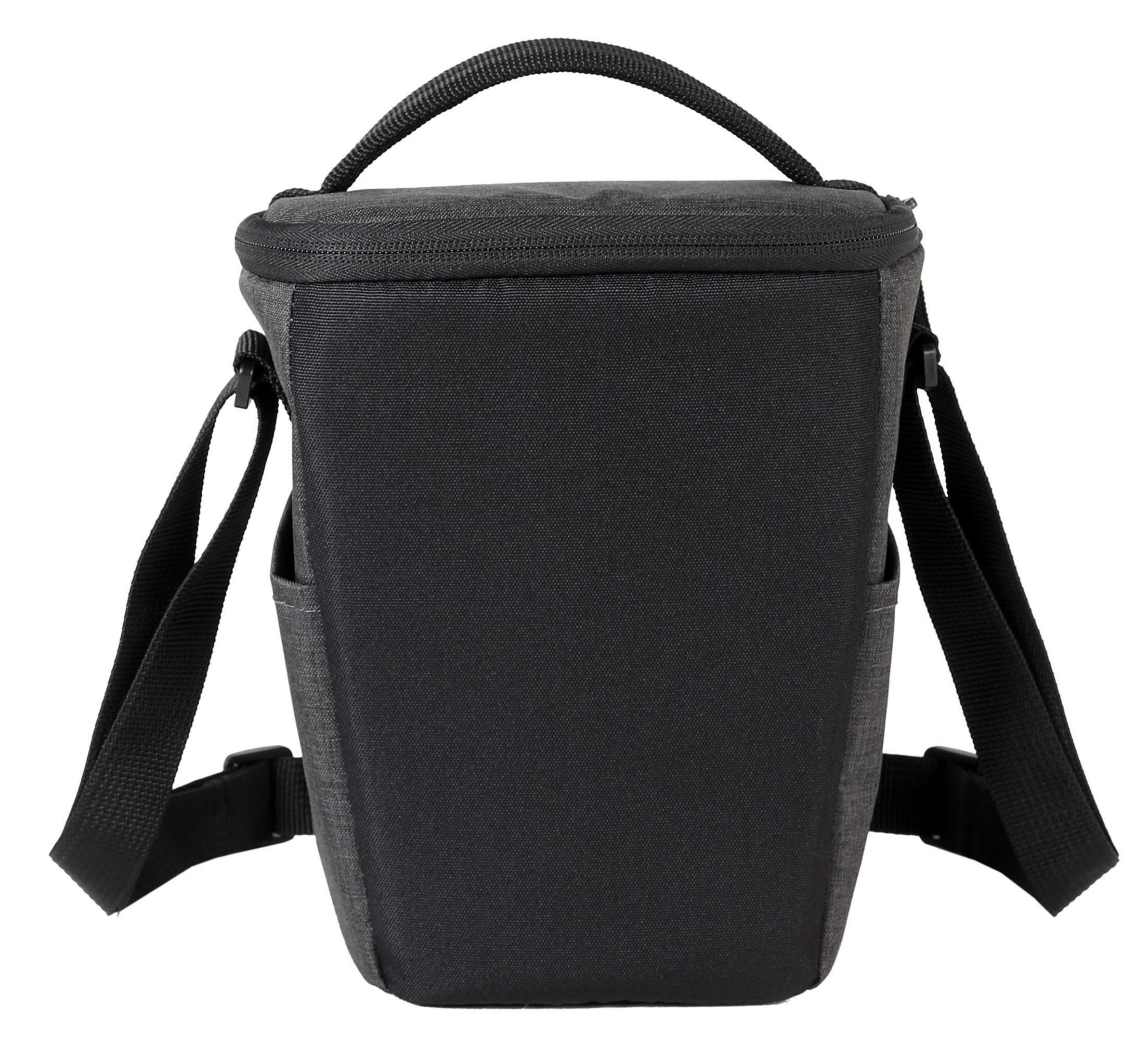 Vista posterior de una bolsa de cámara gris con correas negras sobre un fondo blanco.
