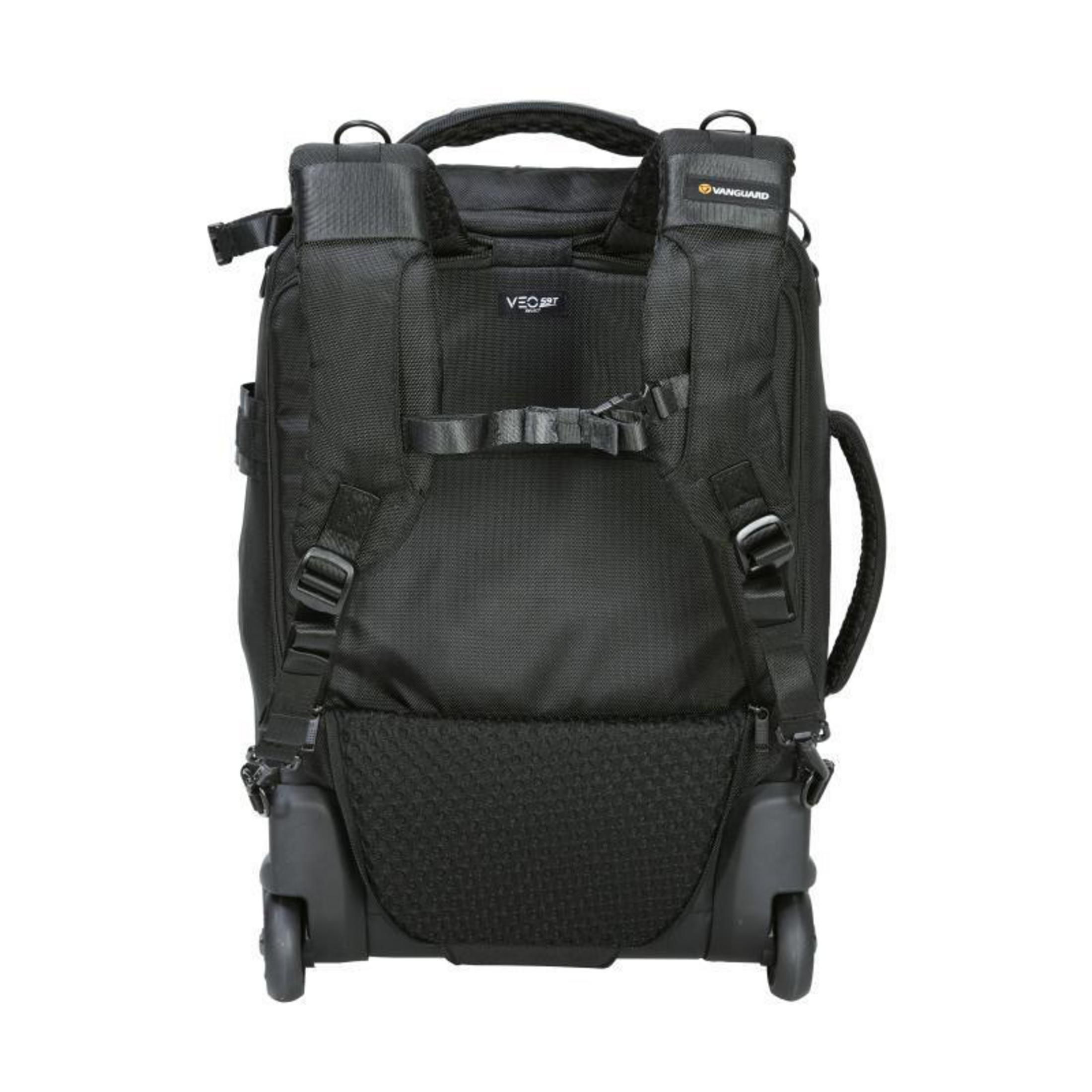 Schwarzer Vanguard-Kamera-Rucksack von hinten, mit Rollen und Riemen.