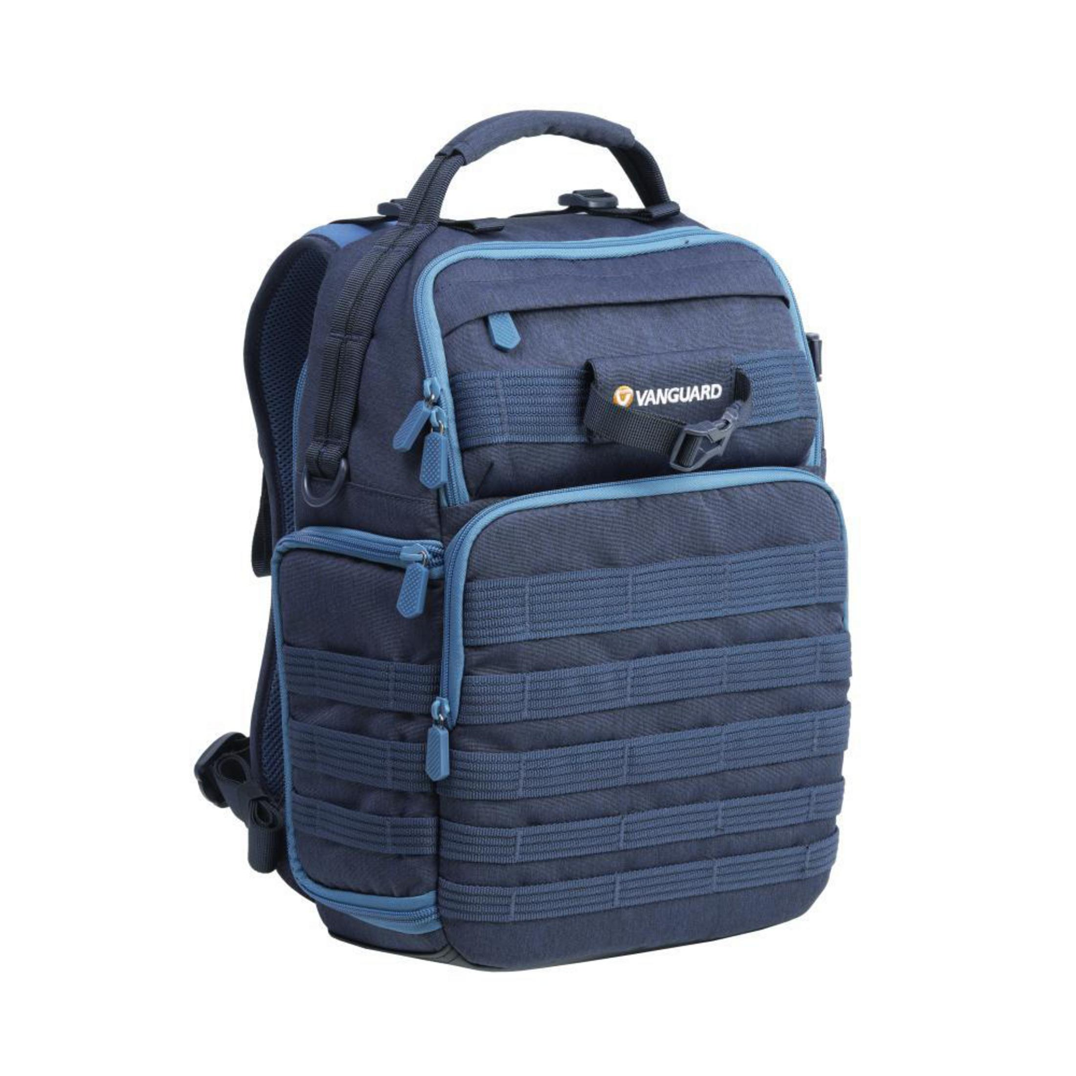 Marineblauer Vanguard-Rucksack mit hellblauer Verzierung, mit mehreren Fächern und Riemen, konzipiert für Fotoausrüstung.