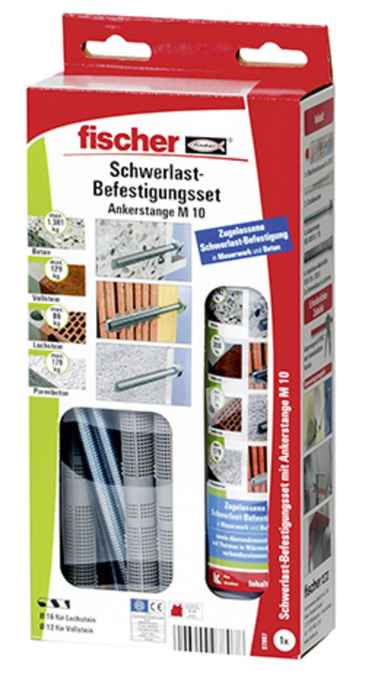 Eine Box mit Fischer Schwerlast-Befestigungsset, mit Illustrationen von Verankerungstechniken.