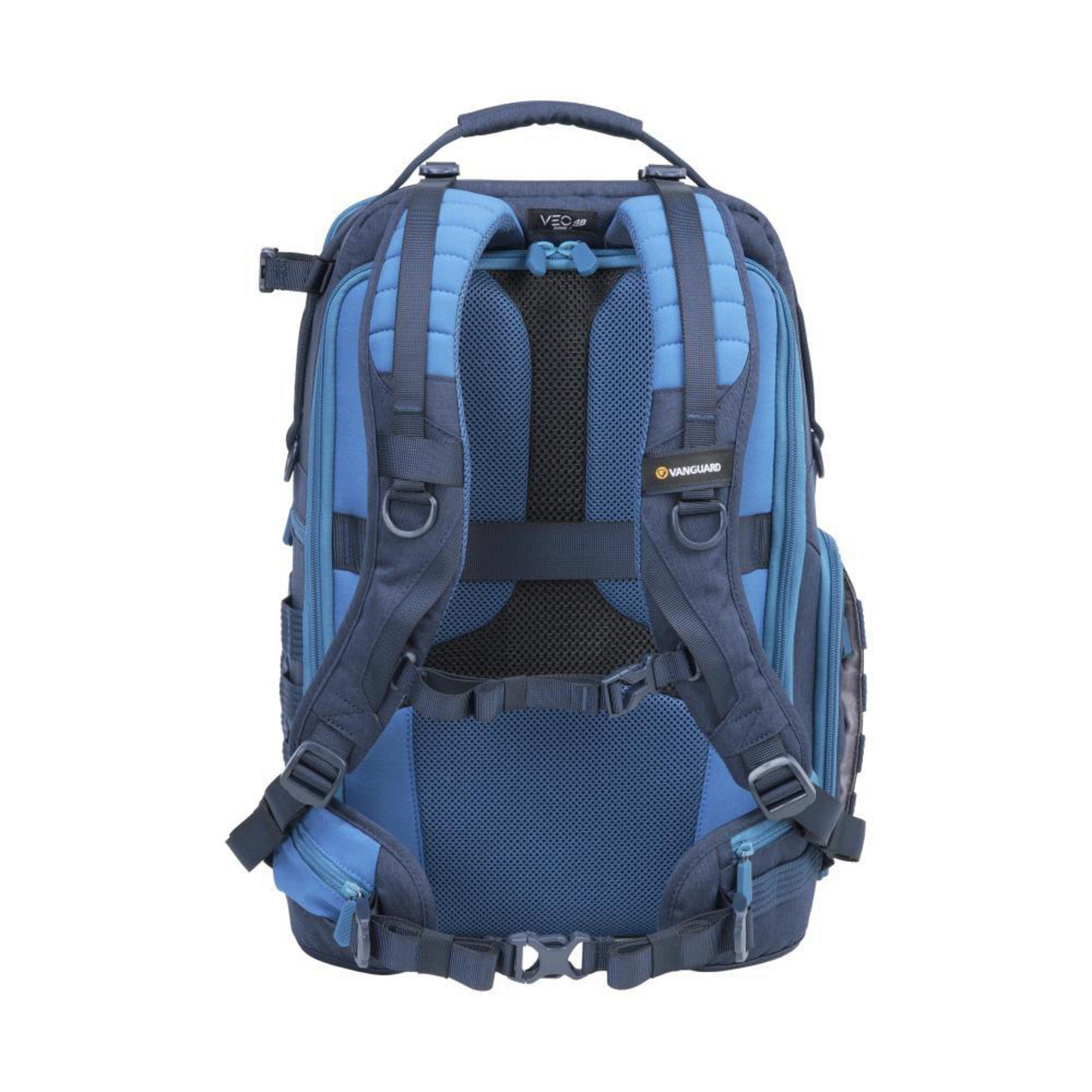 Blauer und marineblauer Rucksack mit gepolsterten Trägern und einem Tragegriff, konzipiert für Outdoor-Aktivitäten.