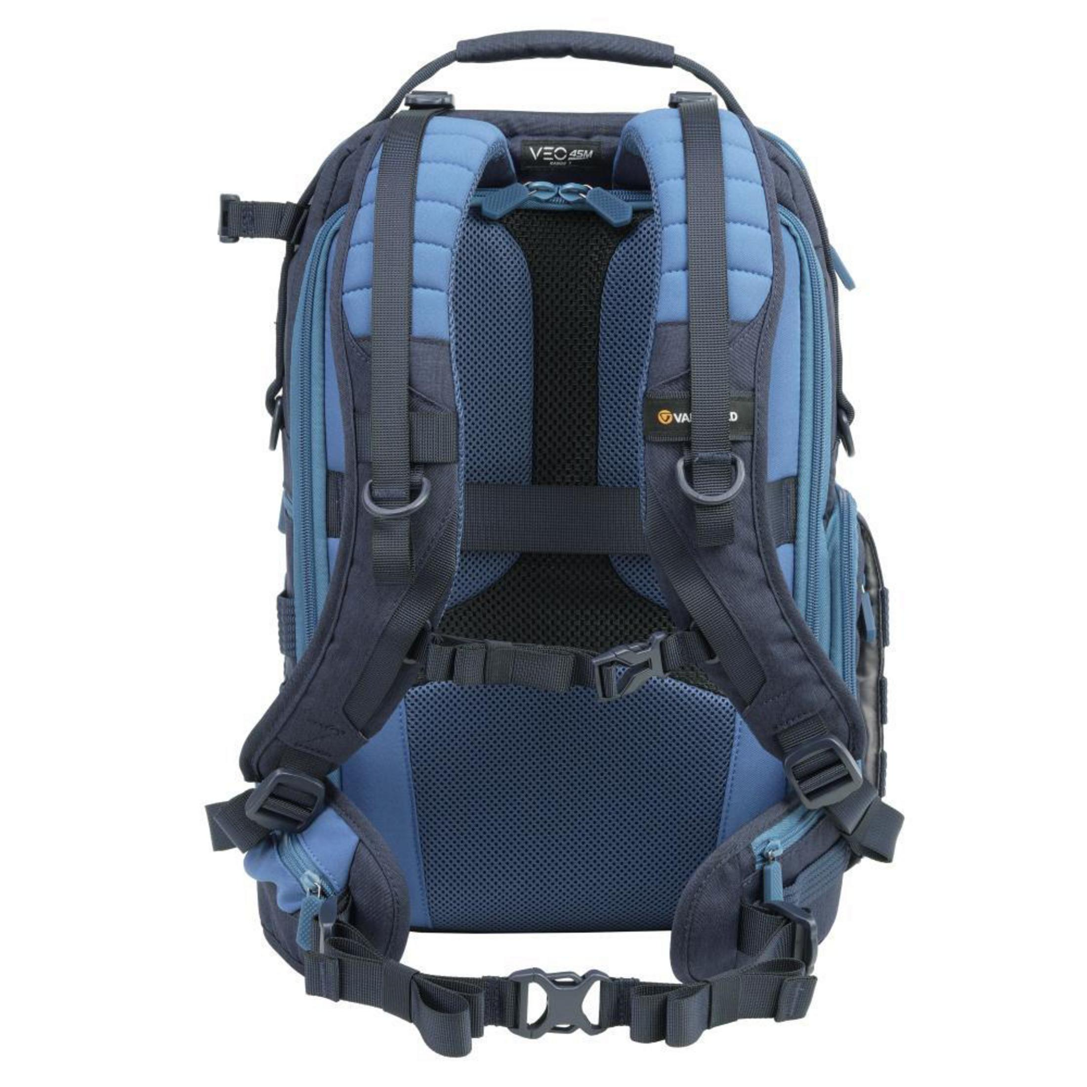 Blau-grauer Kamerarucksack, Rückansicht, mit gepolsterten Trägern und Rückenstütze, Schnallen und Gurten.