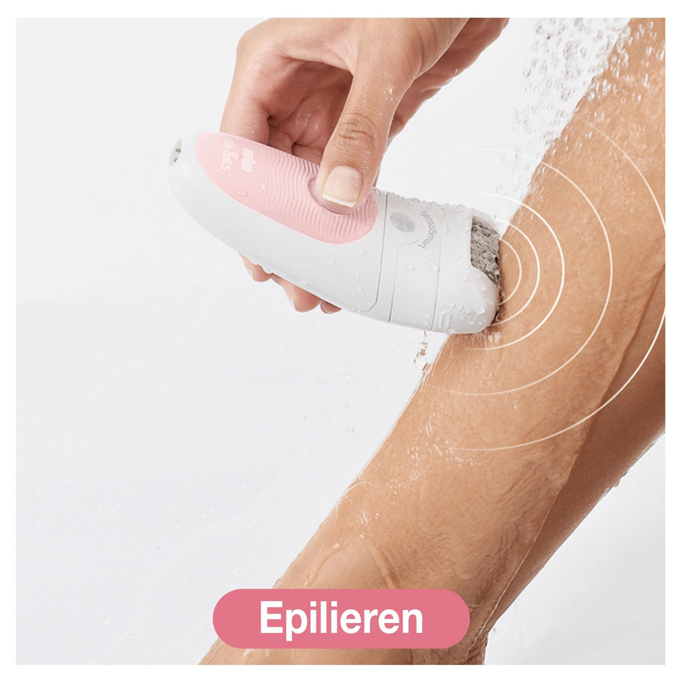 Das Bild zeigt, wie ein Epilierer an einem Bein verwendet wird. Der Text 'Epilieren' wird unten angezeigt.