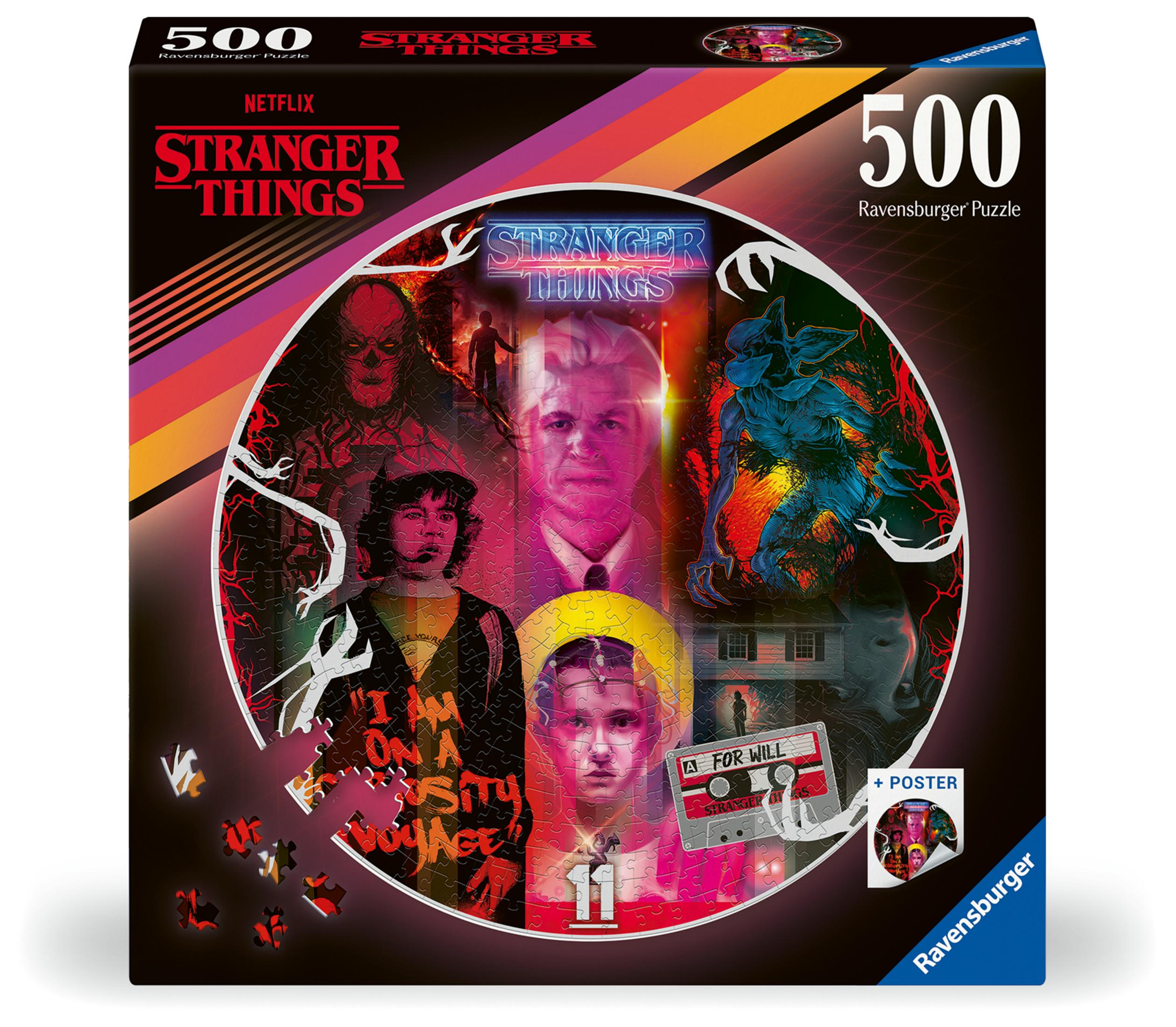 L'immagine mostra una scatola di puzzle di Stranger Things da 500 pezzi con personaggi e scene della serie Netflix.