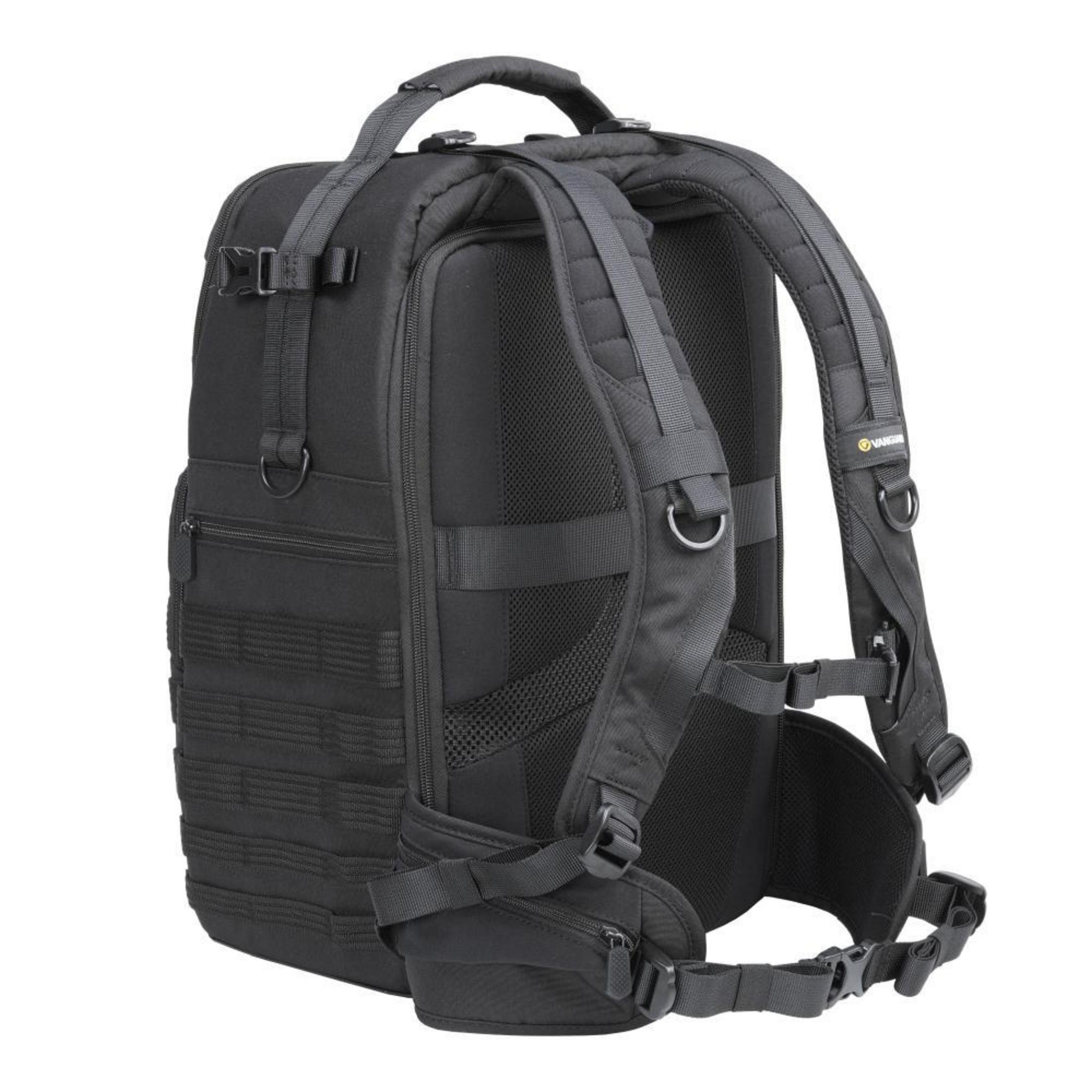 Rückansicht eines schwarzen Rucksacks mit Gurten und Polsterung.