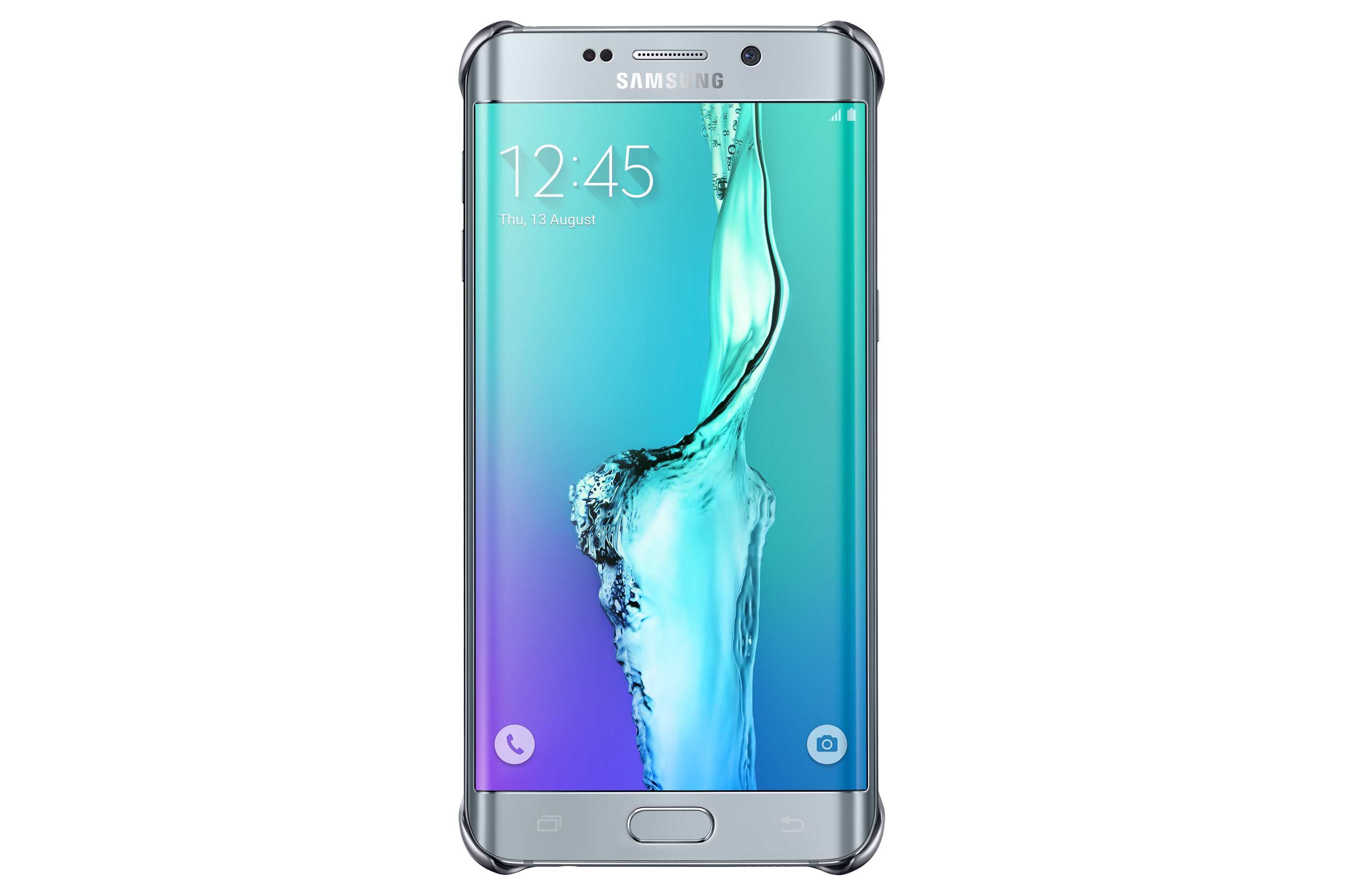Smartphone Samsung con custodia trasparente, che mostra l'ora e la data. Su sfondo bianco.