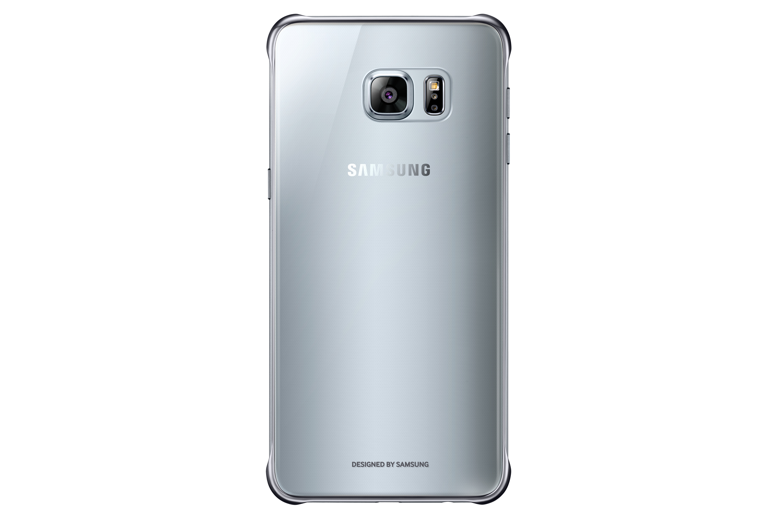 Retro del telefono Samsung, mostra la fotocamera e il logo Samsung. Il telefono è in una custodia.