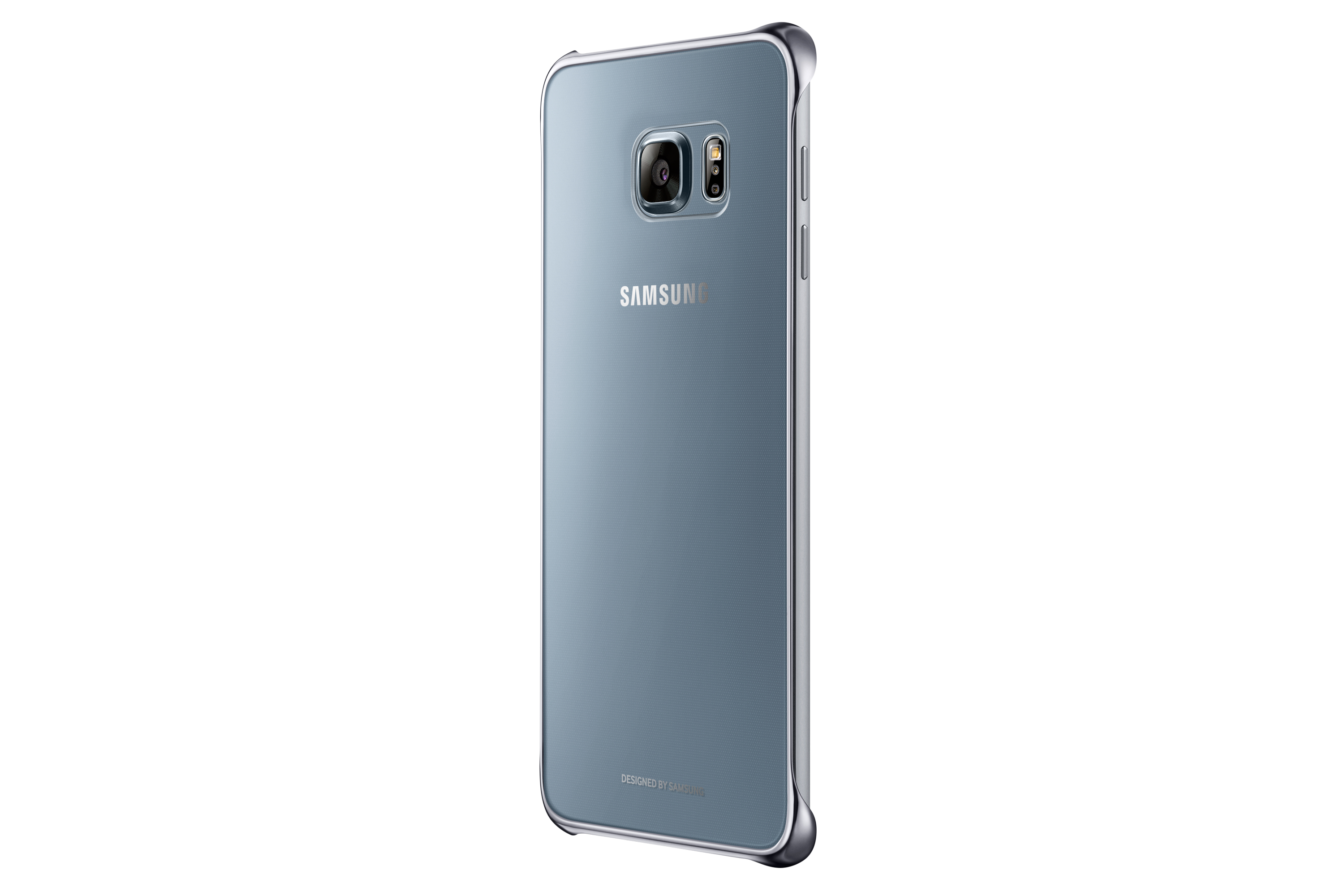 Uno smartphone blu in una custodia trasparente, vista posteriore. Il logo Samsung è visibile.