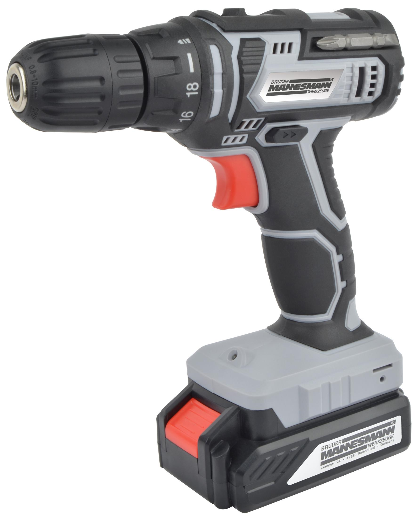 Ein schwarz-grauer Akkubohrer. Er hat einen roten Auslöser und einen Akku.