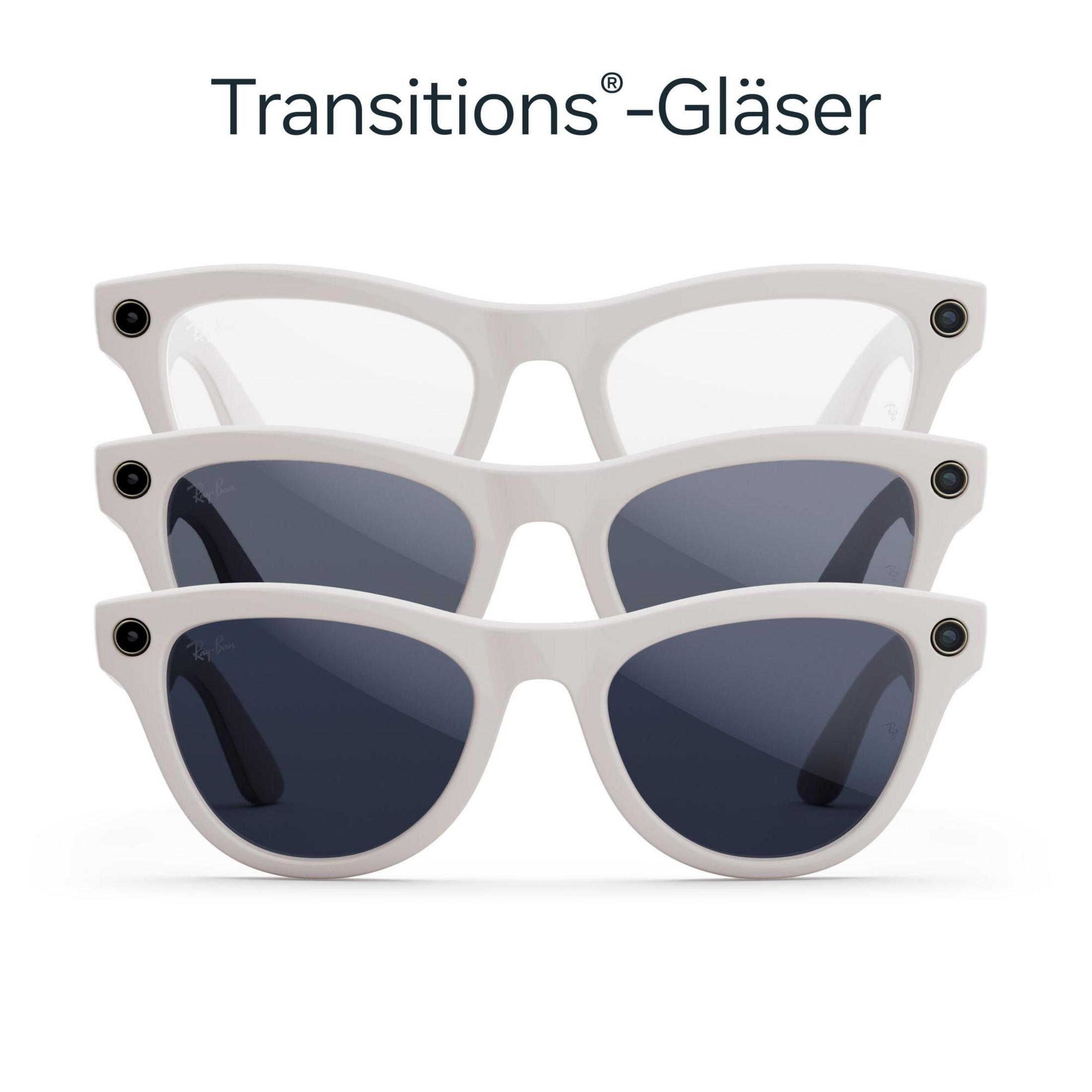 Drei Paar Ray-Ban Sonnenbrillen, klare, graue und dunkle Gläser. Weiße Rahmen, schwarze Punkte.