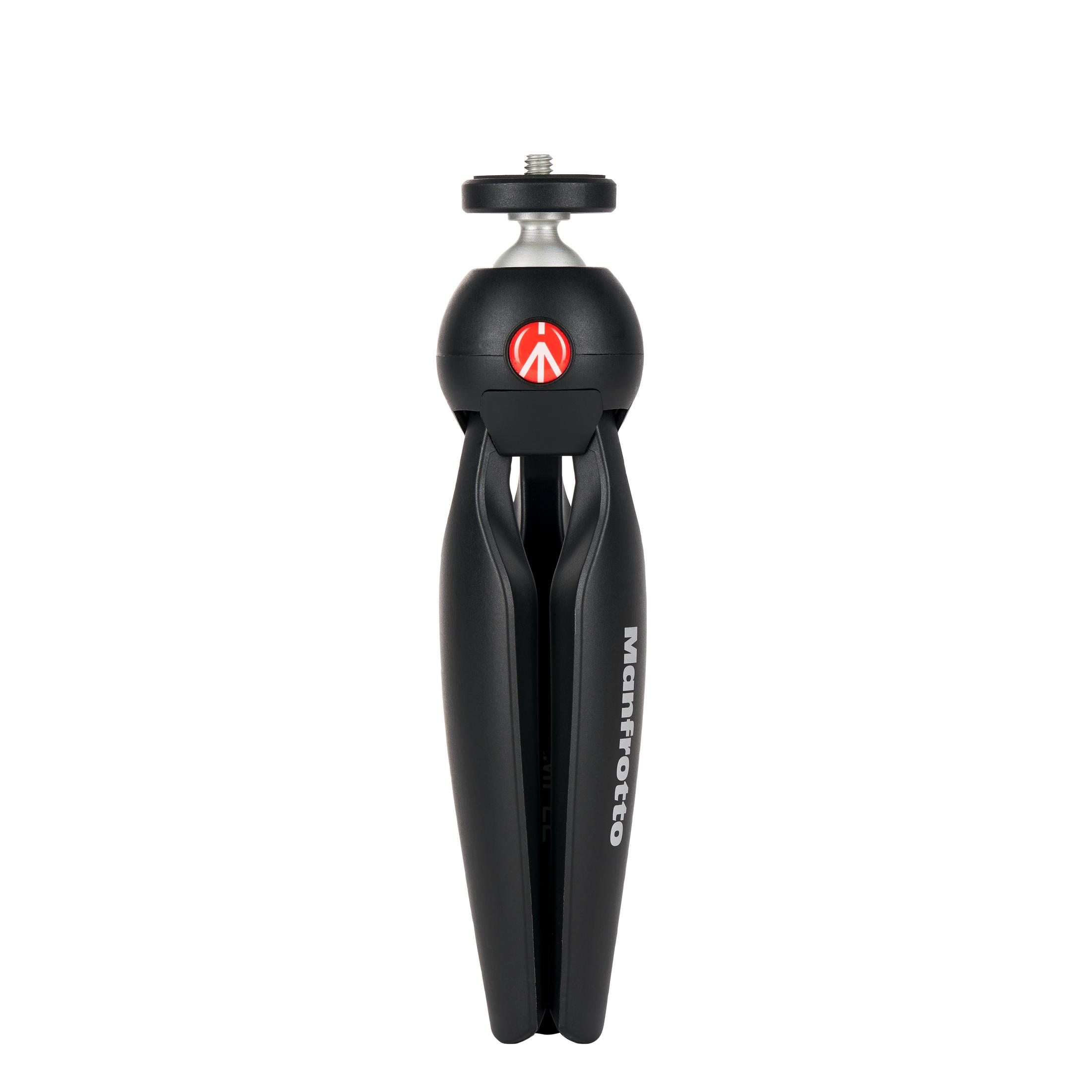Piccolo treppiede nero con gambe piegate e testa a sfera, con il logo Manfrotto sulle gambe.