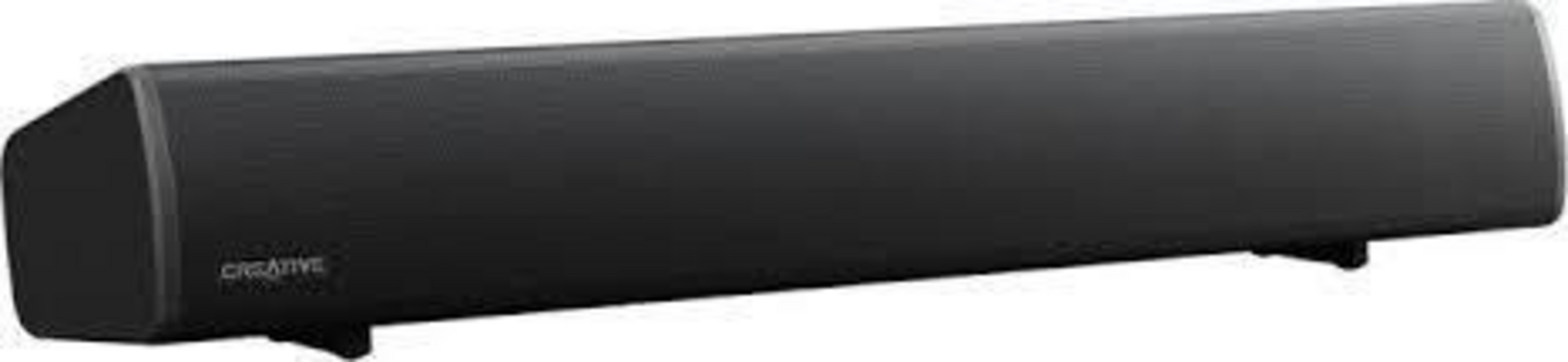 Schwarze Soundbar. Die Soundbar hat ein Creative-Logo.