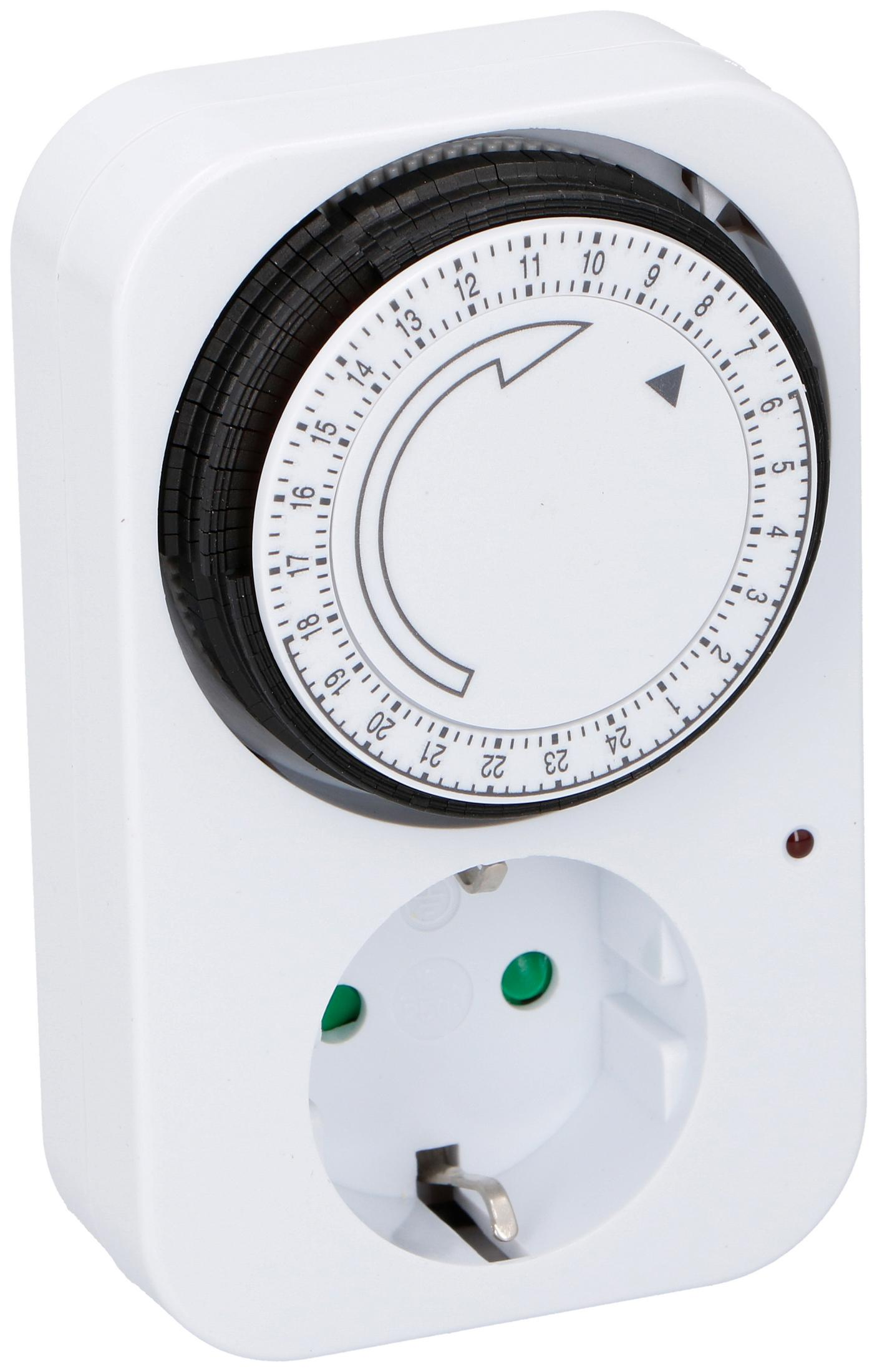 Un timer bianco con un quadrante nero, con numeri e una freccia, su uno sfondo bianco.