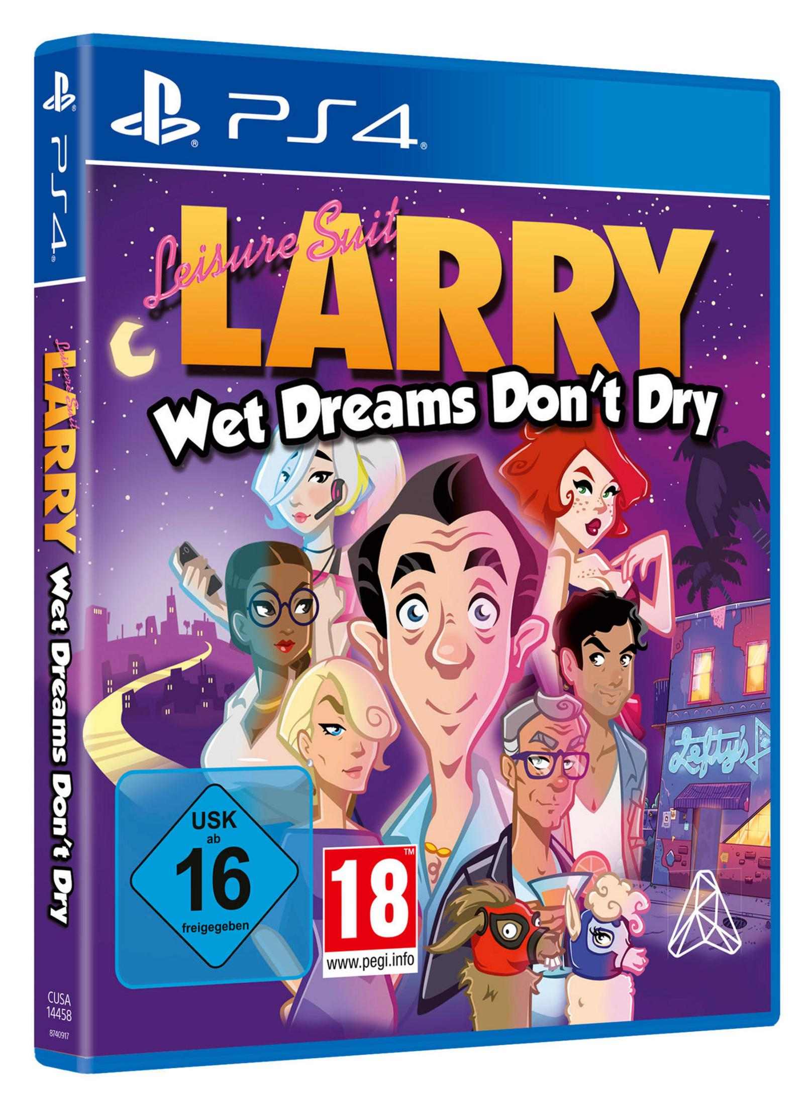 Leisure Suit Larry: Wet Dreams Don't Dry PS4-Spielcover, das Zeichentrickfiguren mit einer Stadtkulisse zeigt.