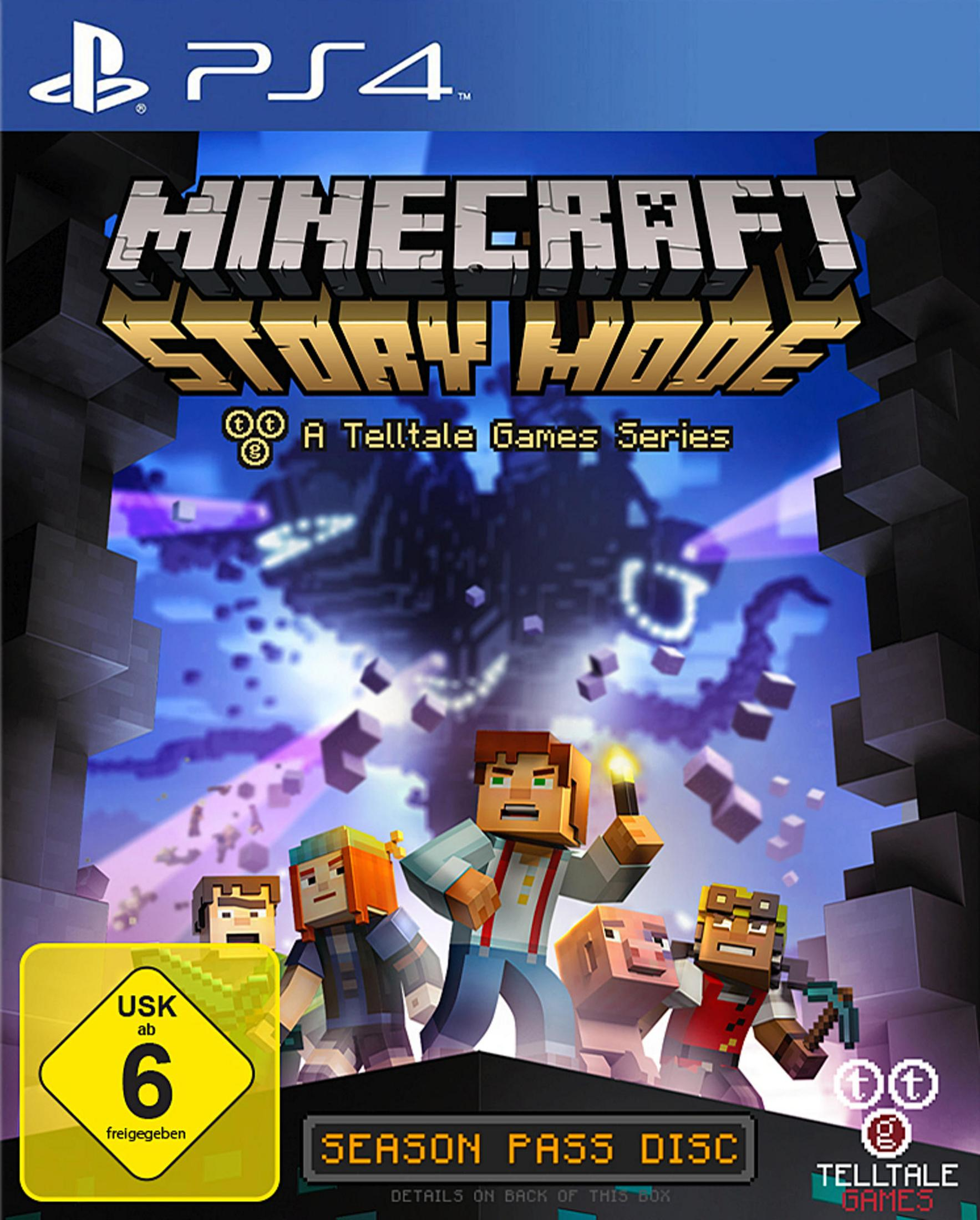 PS4-Spielbox für 'Minecraft Story Mode'. Charaktere sind in der Mitte. USK-Bewertung links unten.