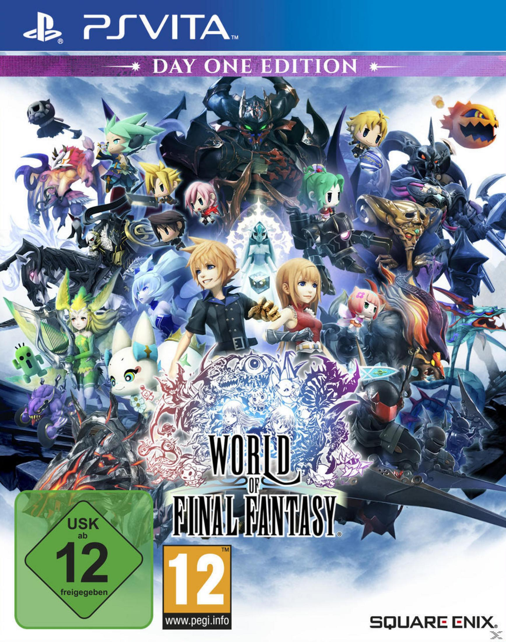 Videospiel-Box-Art für World of Final Fantasy. Enthält verschiedene Charaktere im Chibi-Stil.