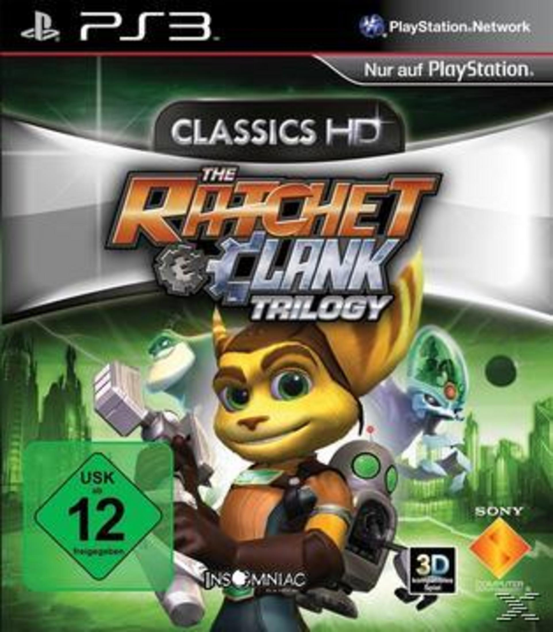Ratchet & Clank Trilogy-Spielcover mit Ratchet, Clank und anderen Charakteren in einer Actionszene.