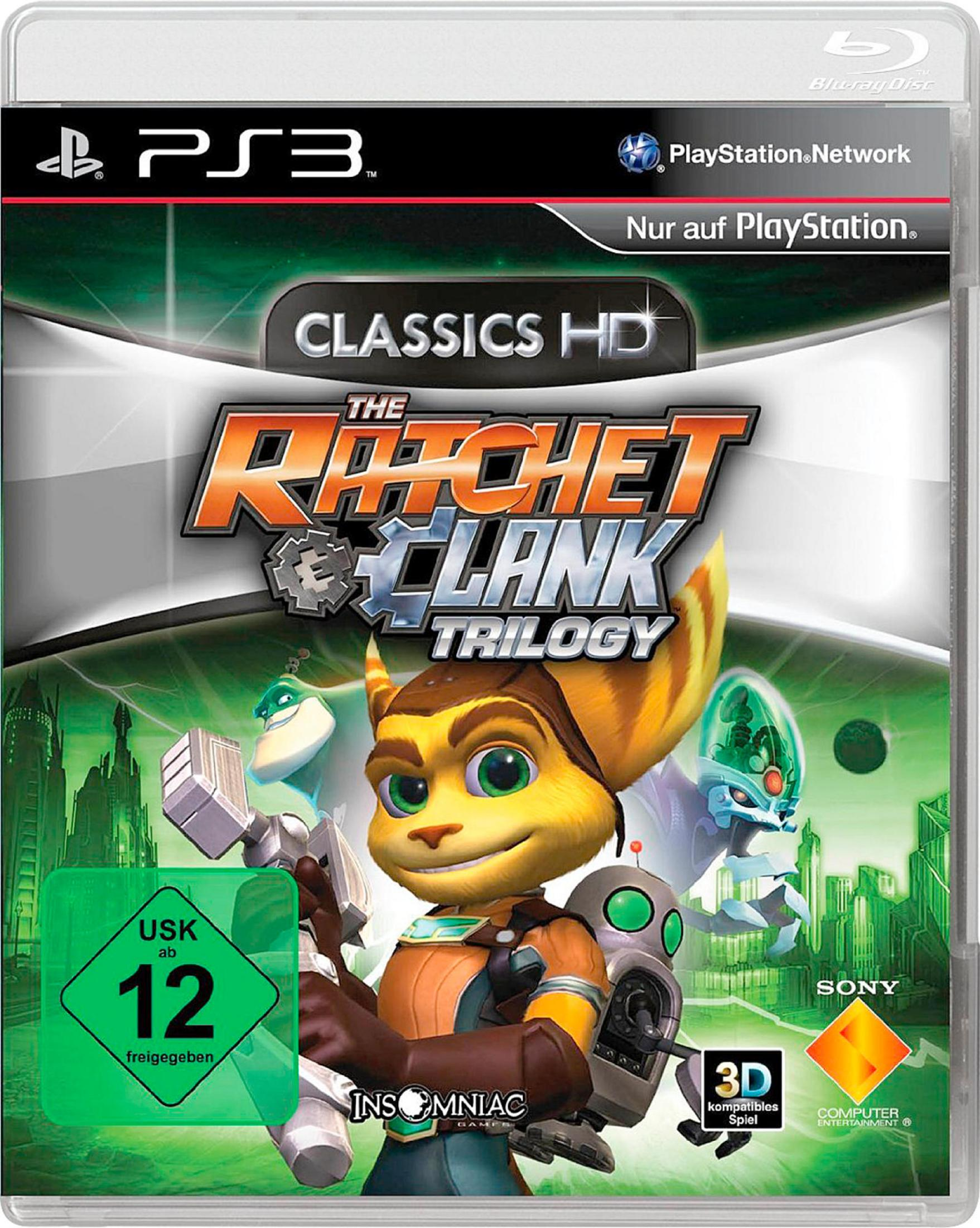 Spielbox für Ratchet & Clank Trilogy. Enthält Charaktere und Titel auf blau-grünem Hintergrund.