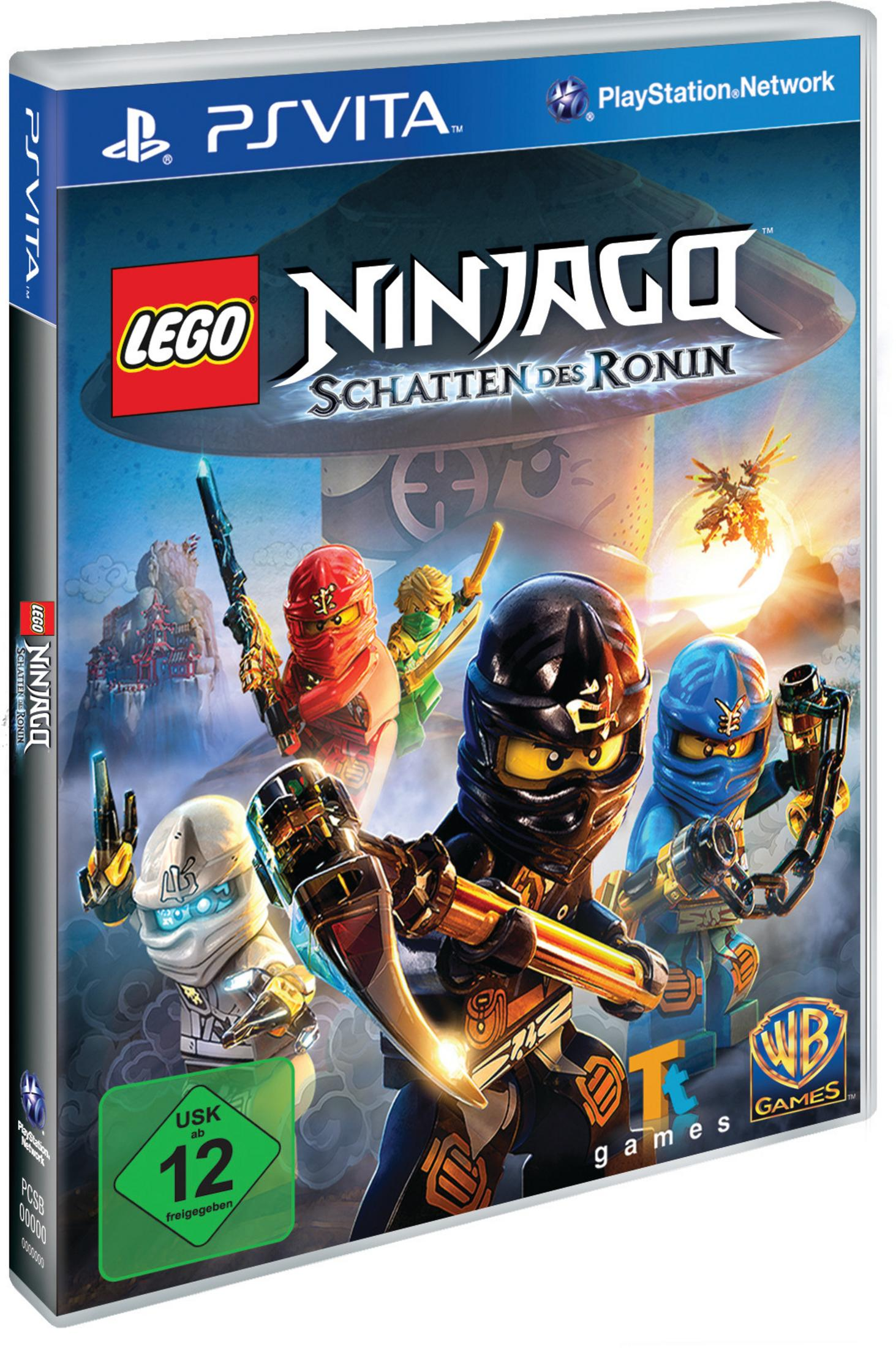 Lego Ninjago Spielbox mit Ninja-Charakteren. Der Hintergrund zeigt eine Stadtszene. Das Logo ist oben.