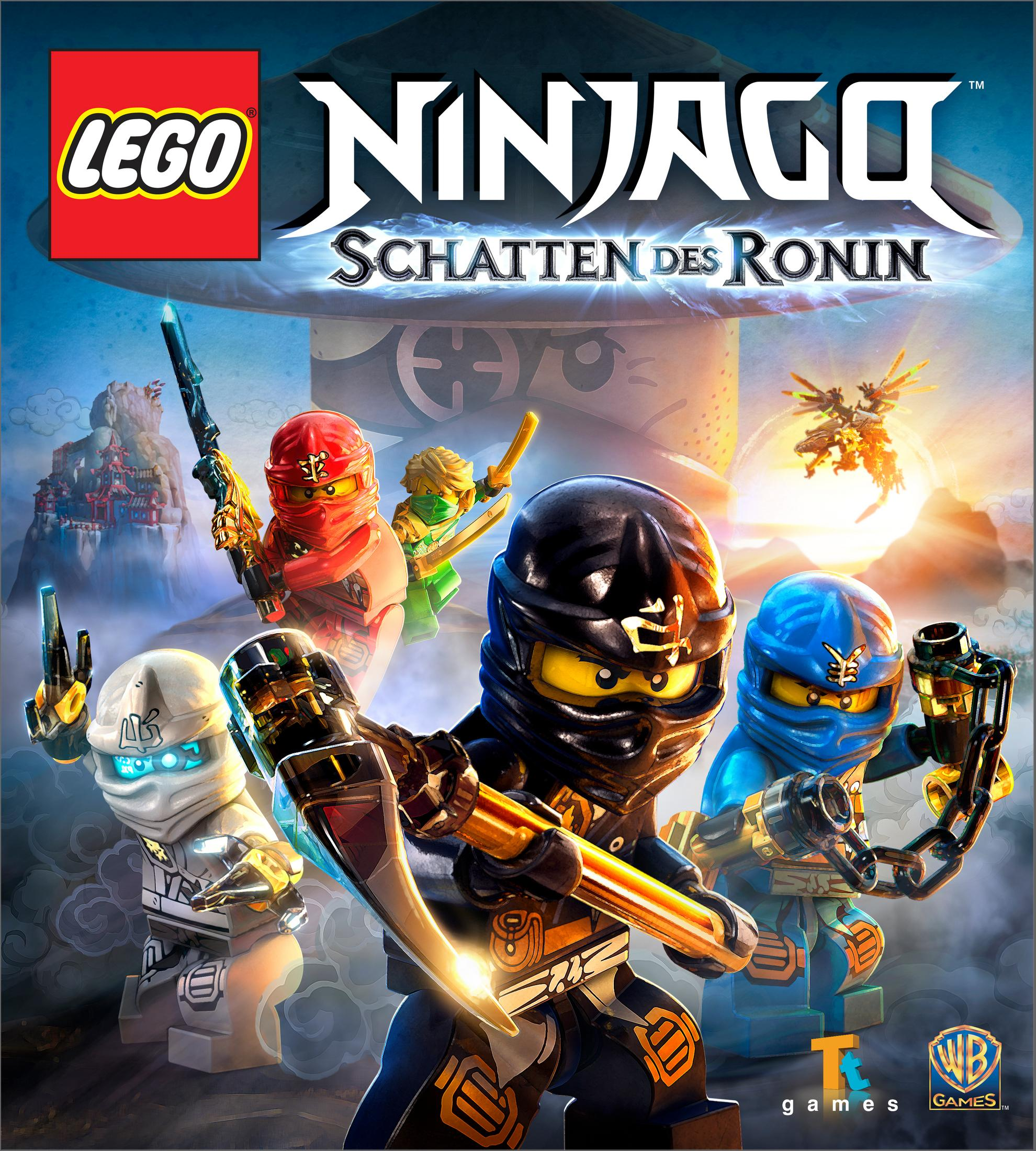 Lego Ninjago Spielbox. Enthält Ninja-Charaktere mit Waffen und eine Stadt im Hintergrund.