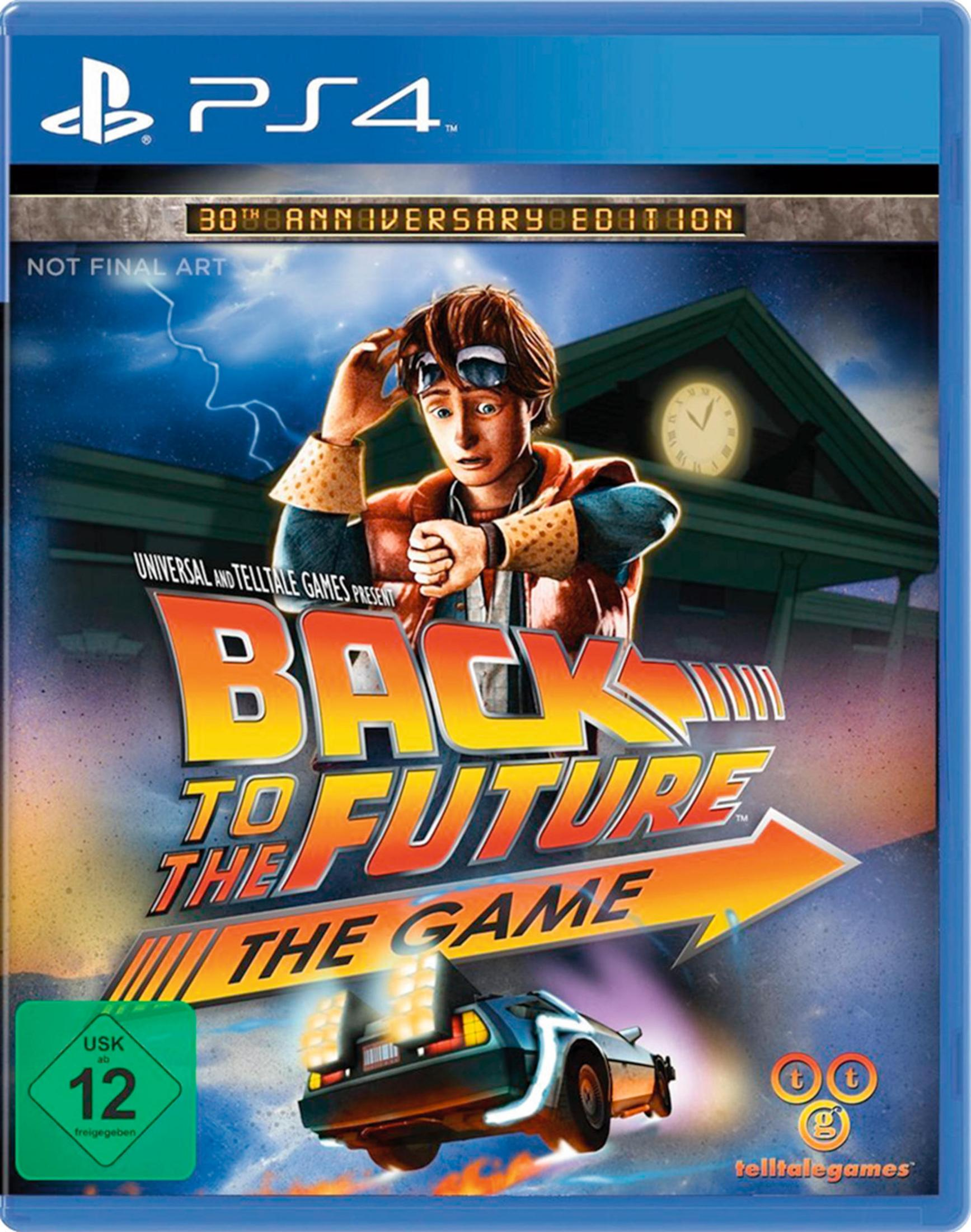 Zurück in die Zukunft: Das Spiel Cover, das Marty McFly mit dem DeLorean und einem Glockenturm im Hintergrund zeigt.