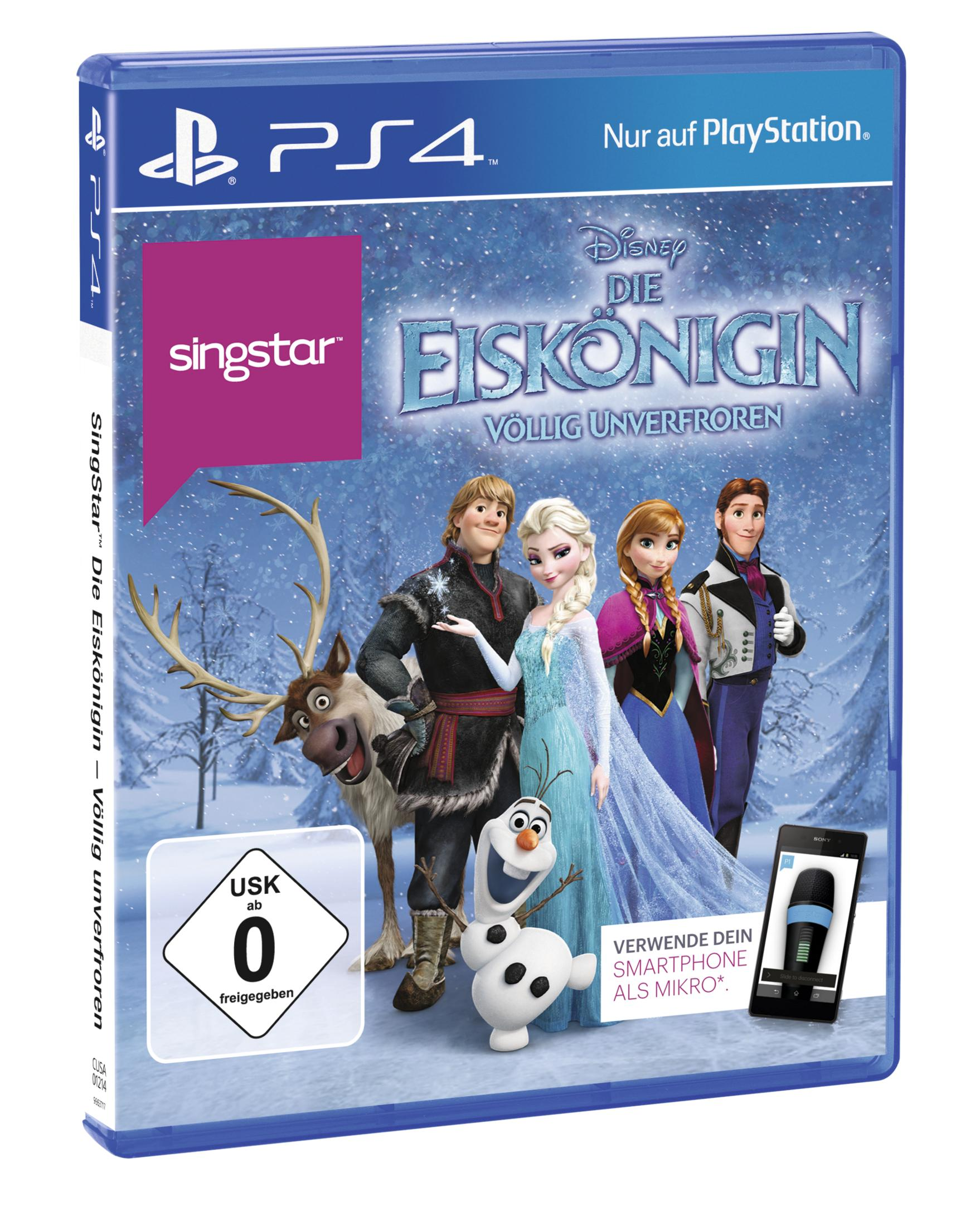 Frozen PS4-Spielcover mit den Charakteren Elsa, Anna, Kristoff, Olaf und Sven vor einer verschneiten Waldkulisse.
