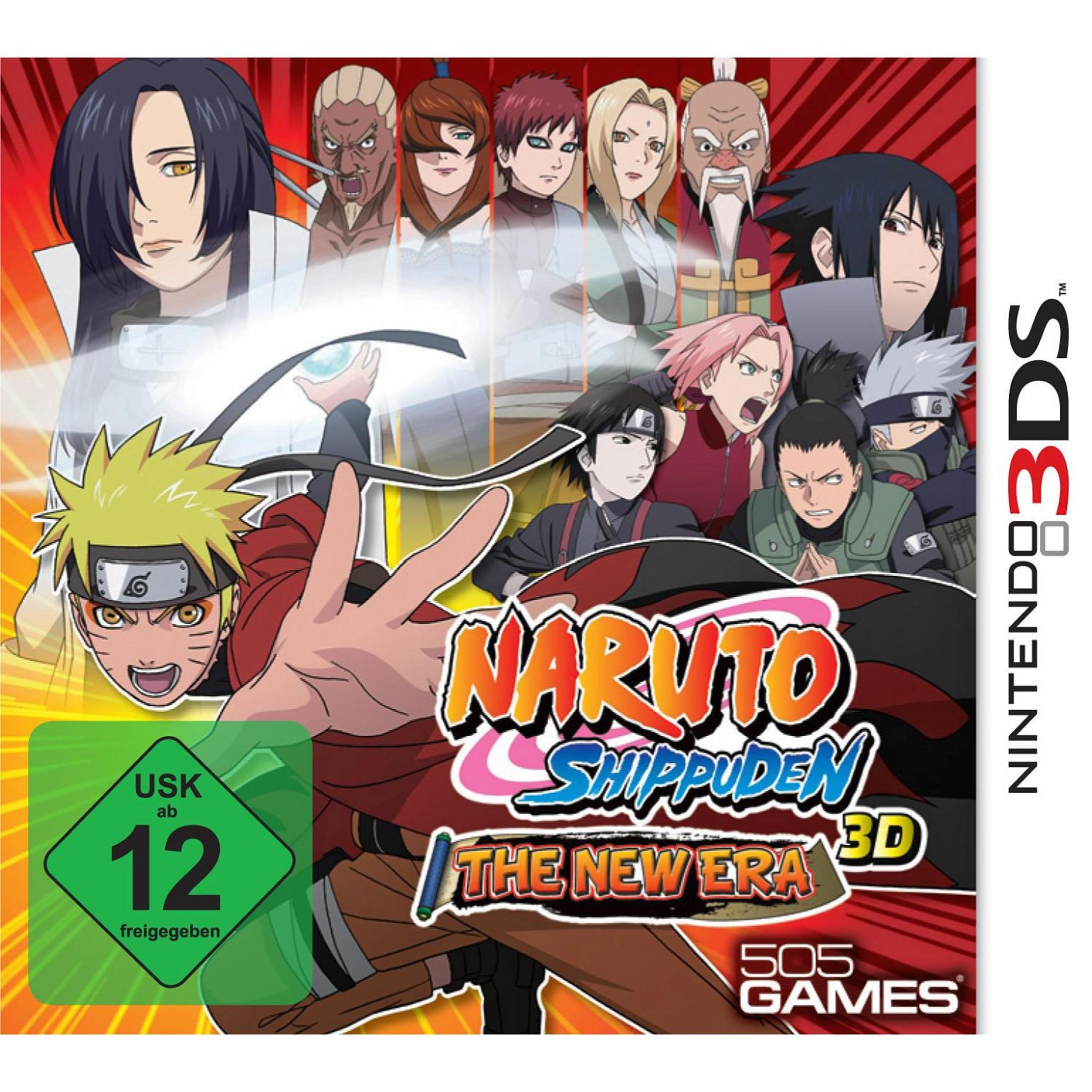 Naruto Shippuden 3DS-Spielbox. Zeigt mehrere Charaktere, ein Logo und den Text 'The New Era' mit einer USK 12-Bewertung.