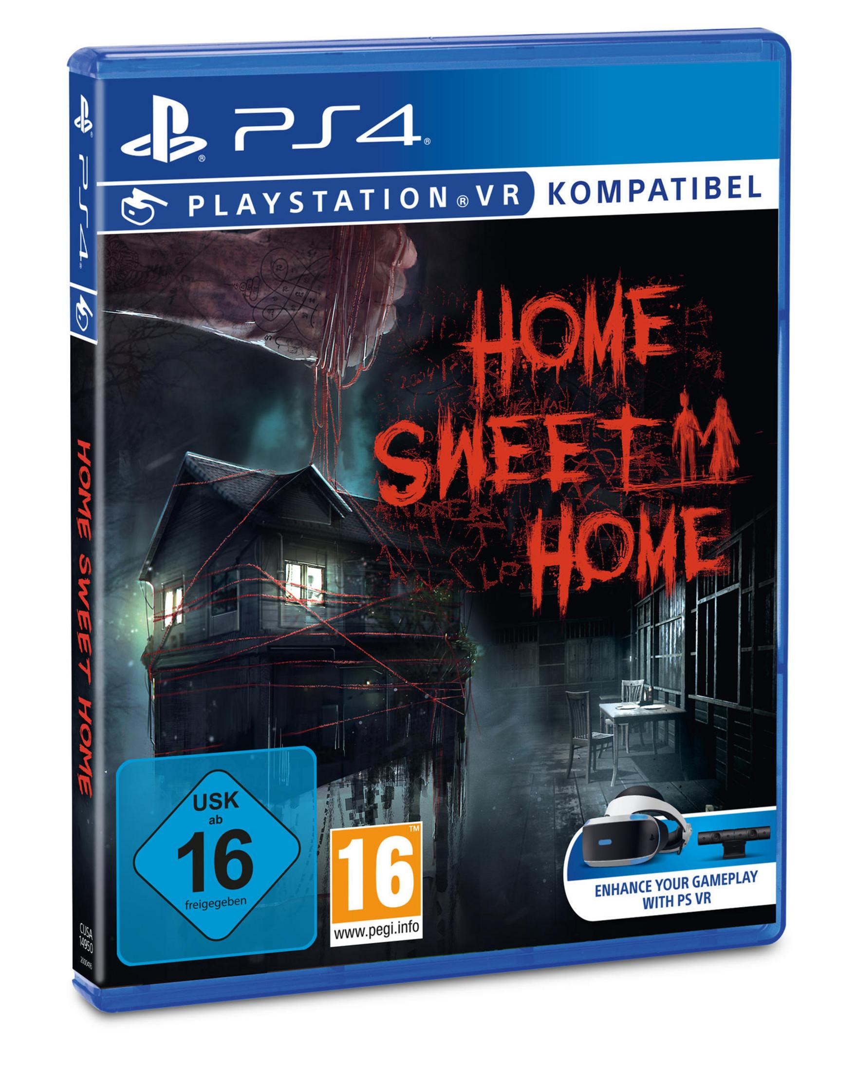 Eine PS4-Spielbox mit dem Titel 'Home Sweet Home', mit einem gruseligen Haus und rotem Text.