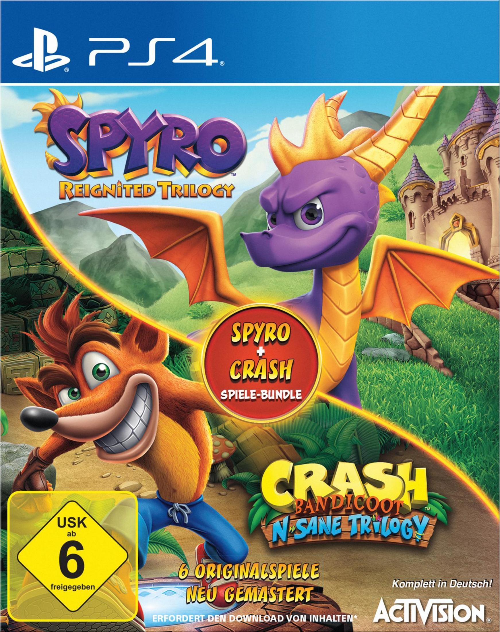 Spielcover für 'Spyro Reignited Trilogy' und 'Crash Bandicoot N. Sane Trilogy' für PS4 mit Charakteren.