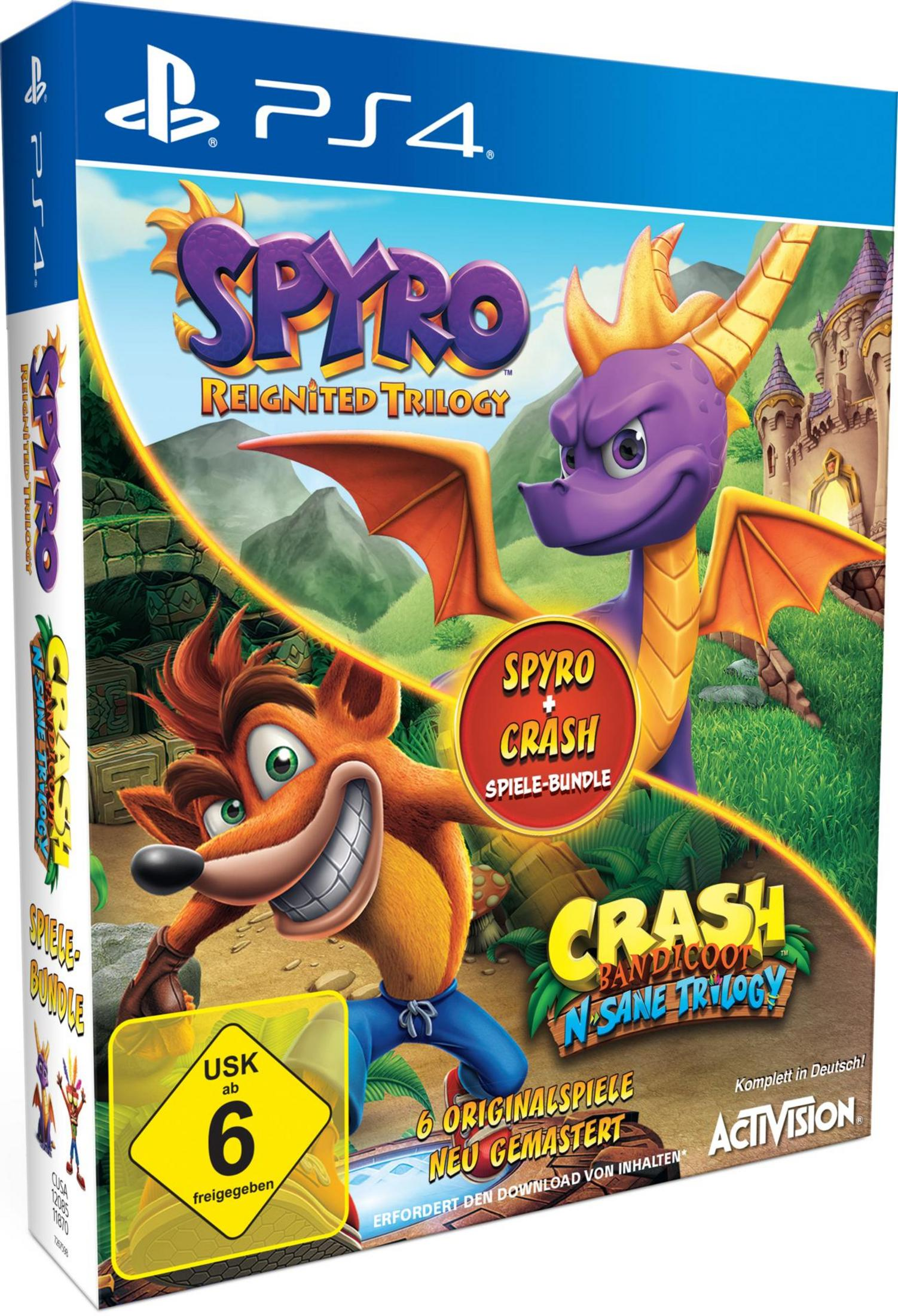 Spielcover für 'Spyro Reignited Trilogy' und 'Crash Bandicoot N. Sane Trilogy' auf PS4. Enthält Charakter-Art.