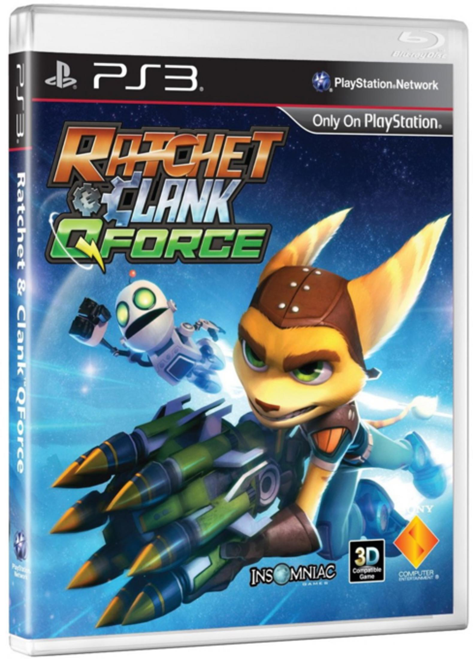 Ratchet & Clank: Q-Force-Spielcover. Ratchet hält eine große Waffe. Clank schwebt hinter ihm. Sterne im Hintergrund.