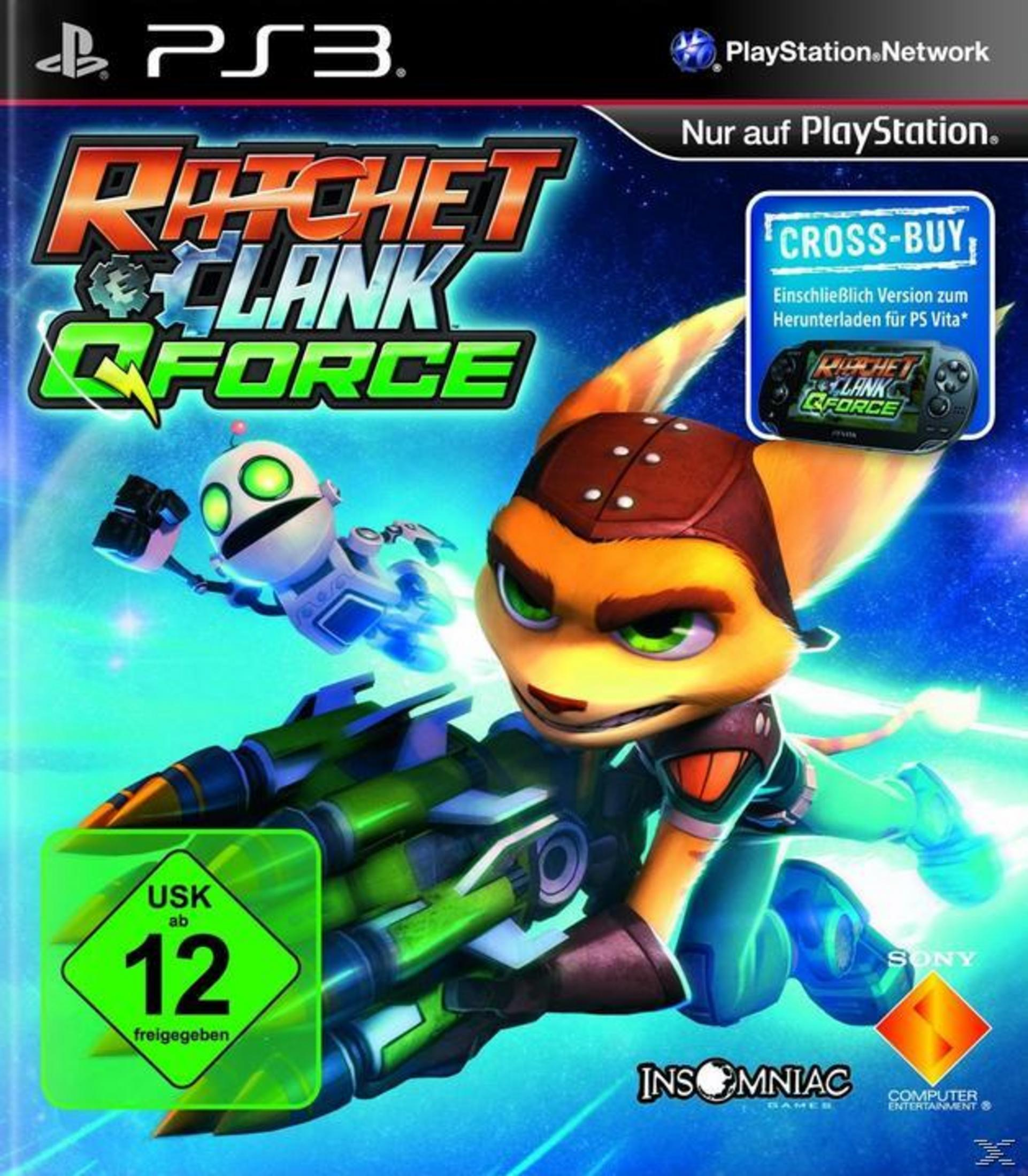 Ratchet & Clank: Q-Force-Spielcover. Ratchet hält eine große Waffe. Clank schwebt hinter ihm. Sterne im Hintergrund.