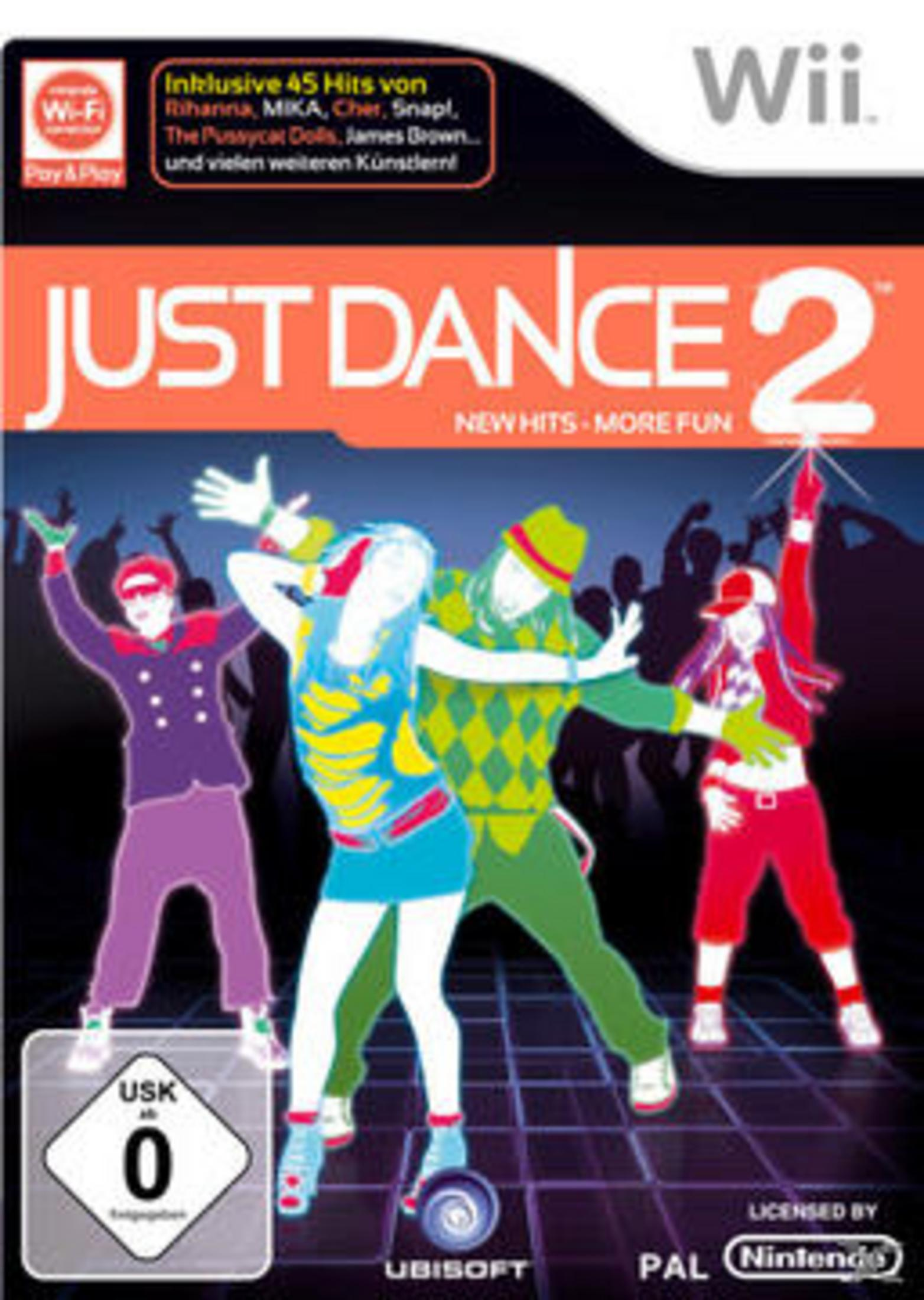 Just Dance 2-Spielcover. Vier Tänzer sind in Silhouette dargestellt. Hell, farbenfroh.
