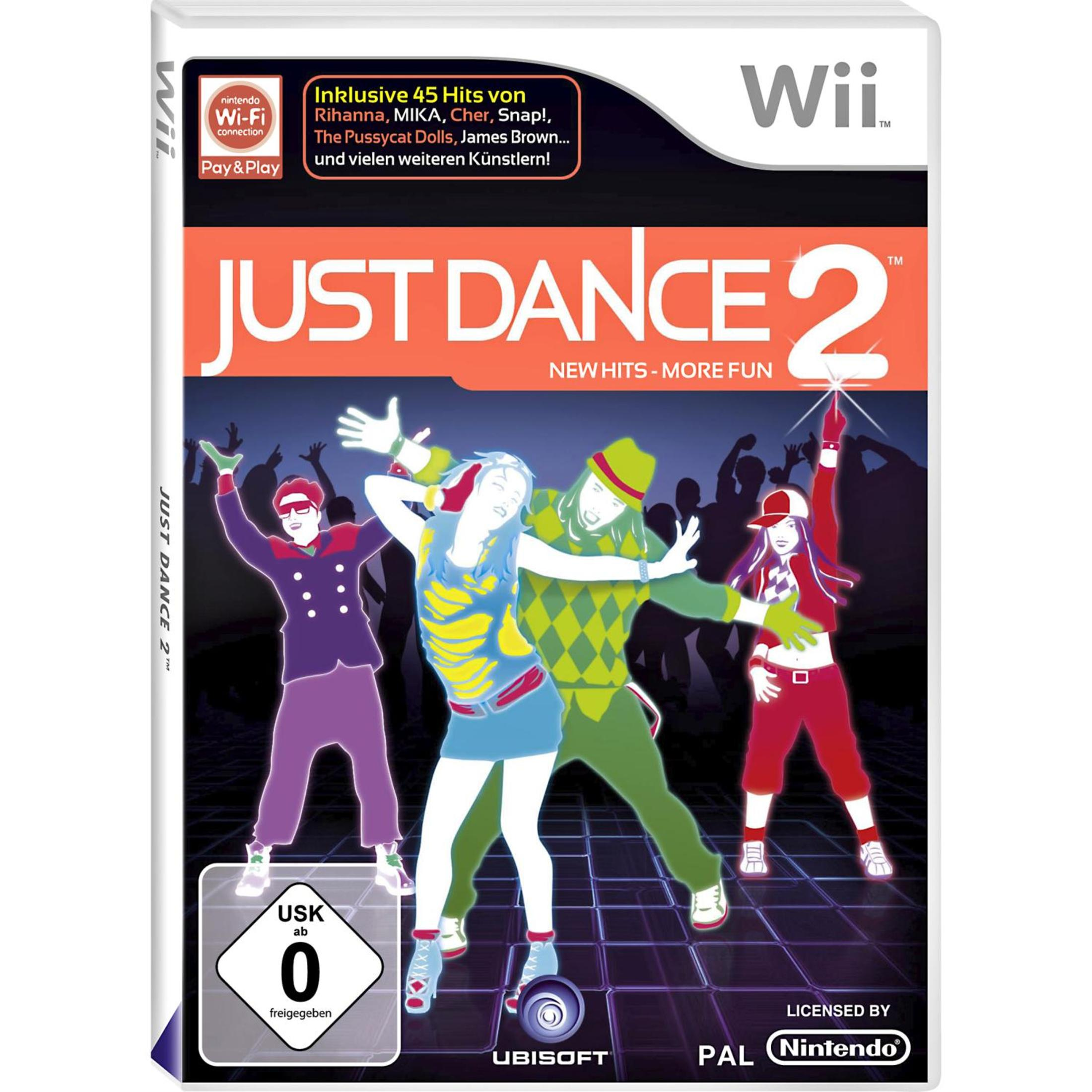 Just Dance 2-Spielcover. Vier Tänzer sind in Silhouette dargestellt. Hell, farbenfroh.